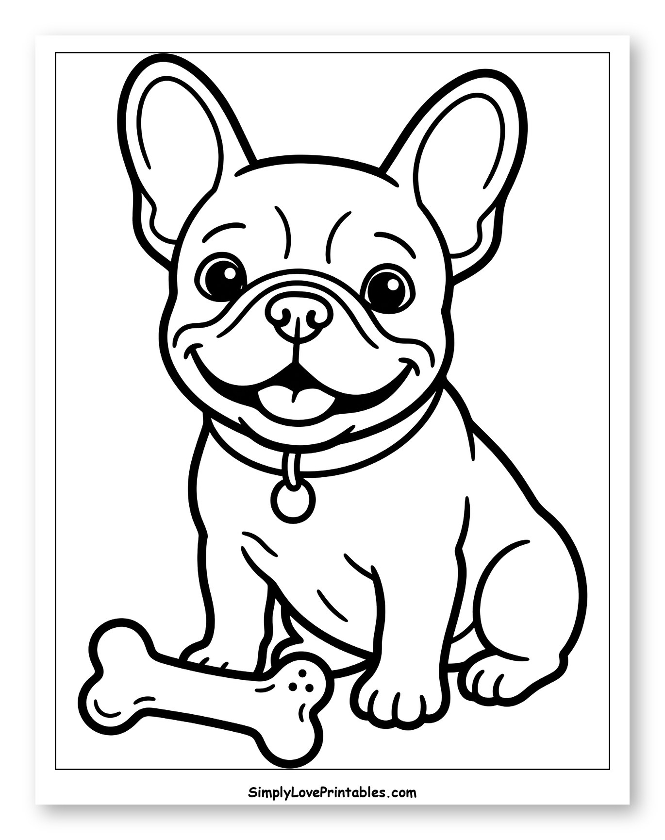 Happy French Bulldog Sitting with Bone Coloring Page for Toddlers
