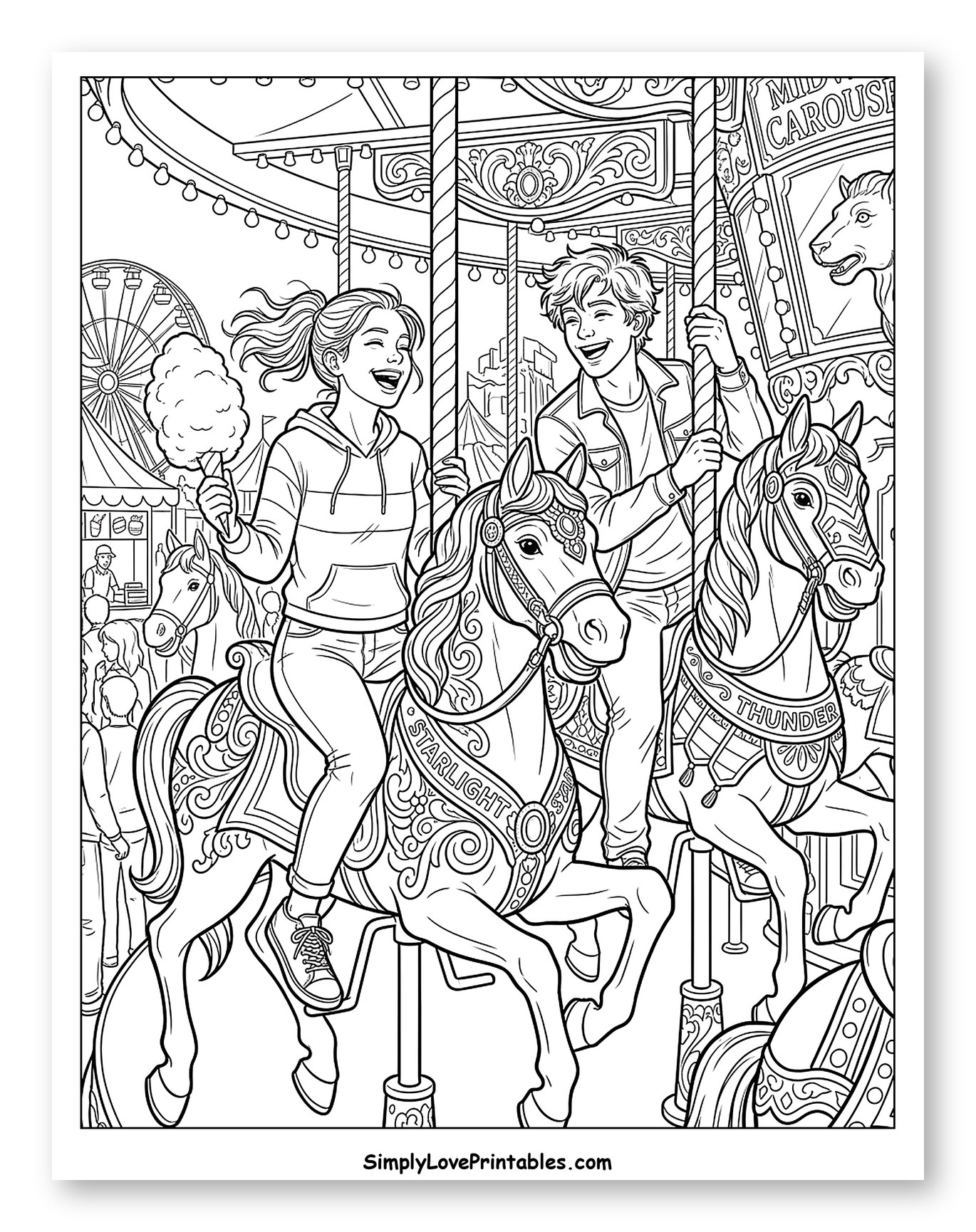 Happy Friends Riding Midway Carousel Horses Coloring Sheet