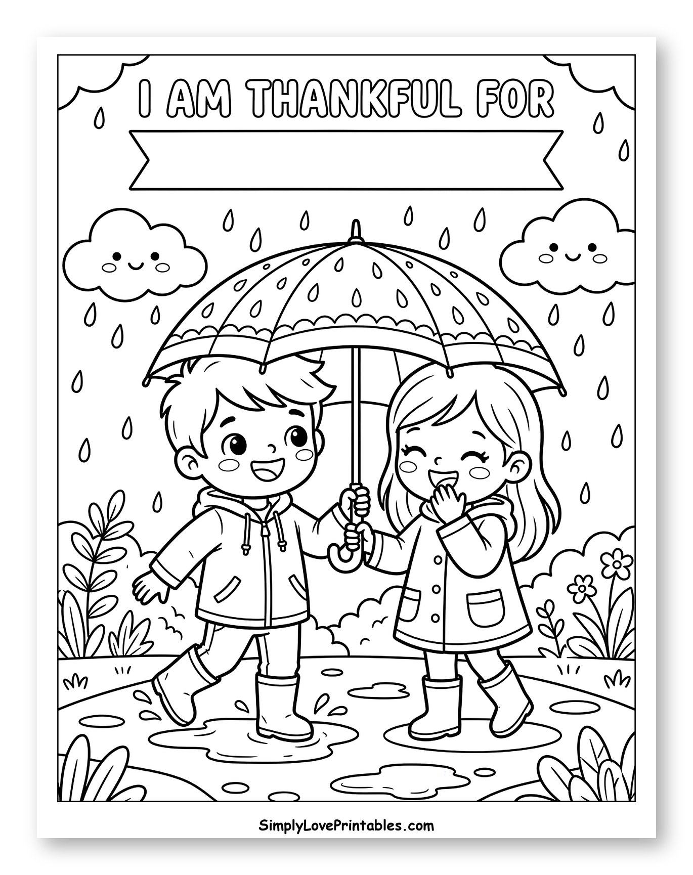 Happy Friends Sharing an Umbrella in the Rain Coloring Page for Kids