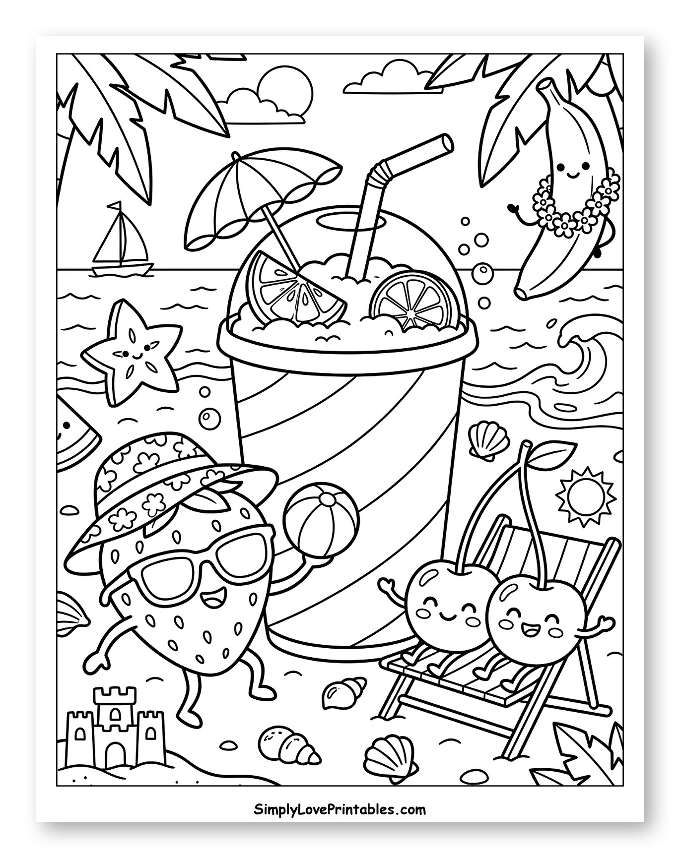 Happy Fruit Characters Enjoying Summer Beach to Color for Kids