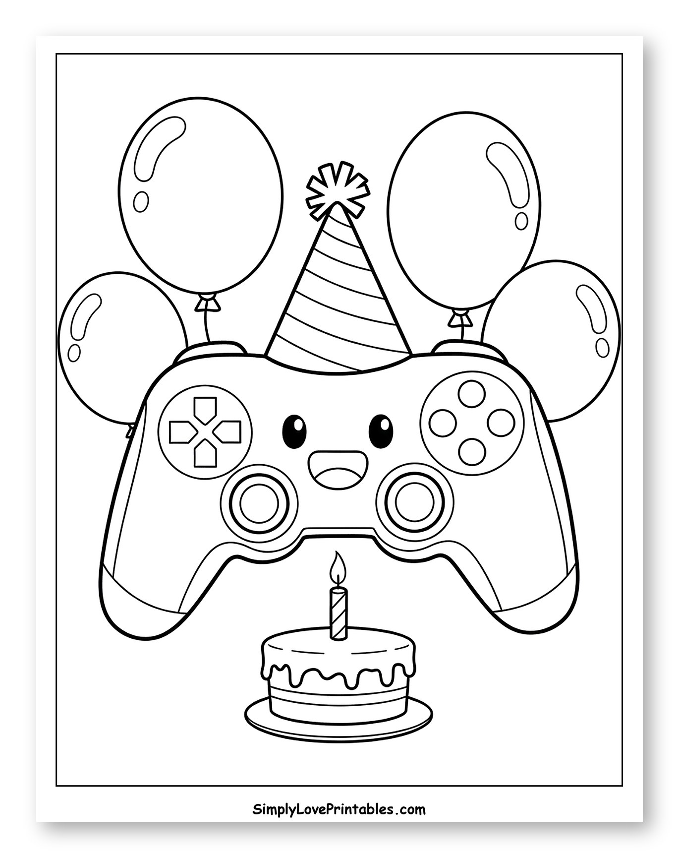 Happy Game Controller with Party Hat and Cake Coloring Page for Kids