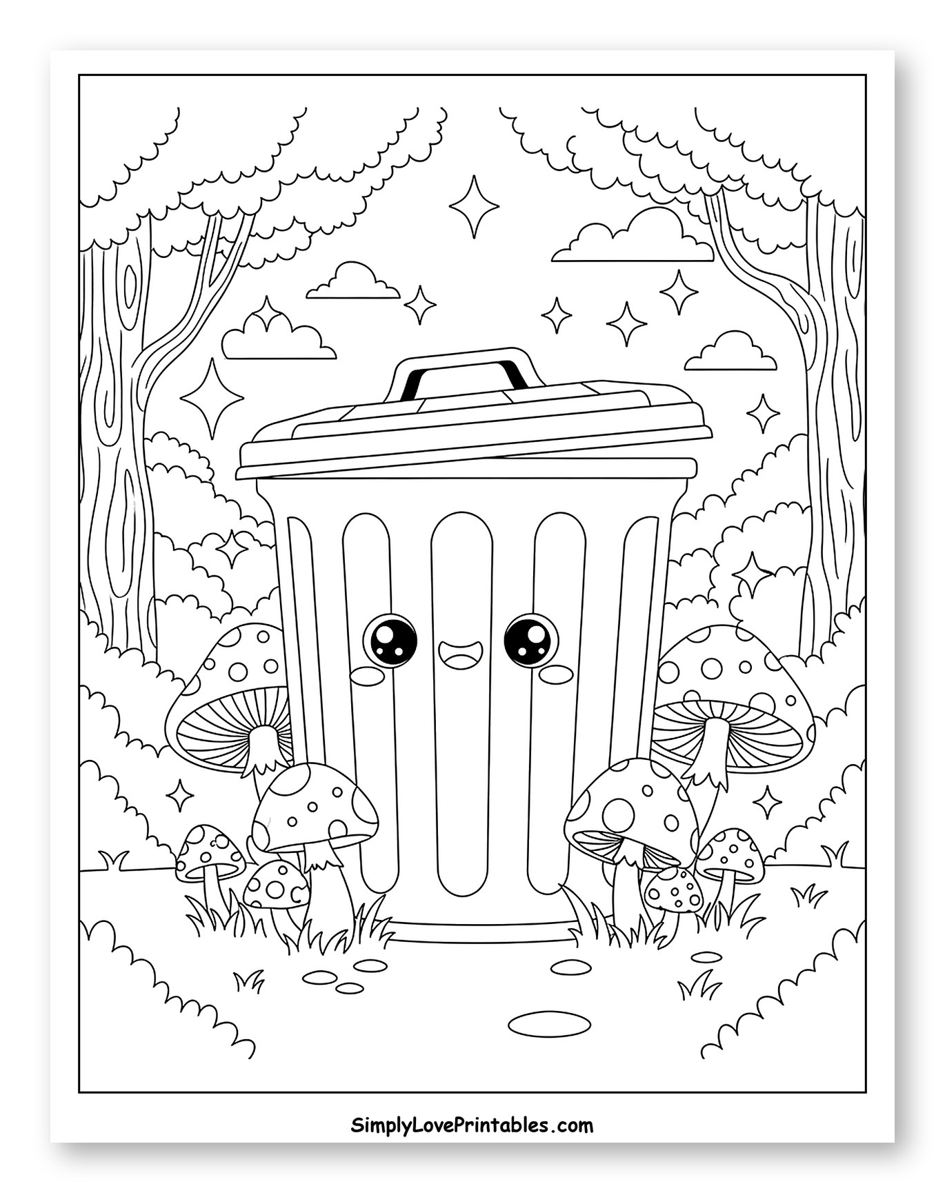 Happy Garbage Can in a Sparkling Forest to Color for Kids
