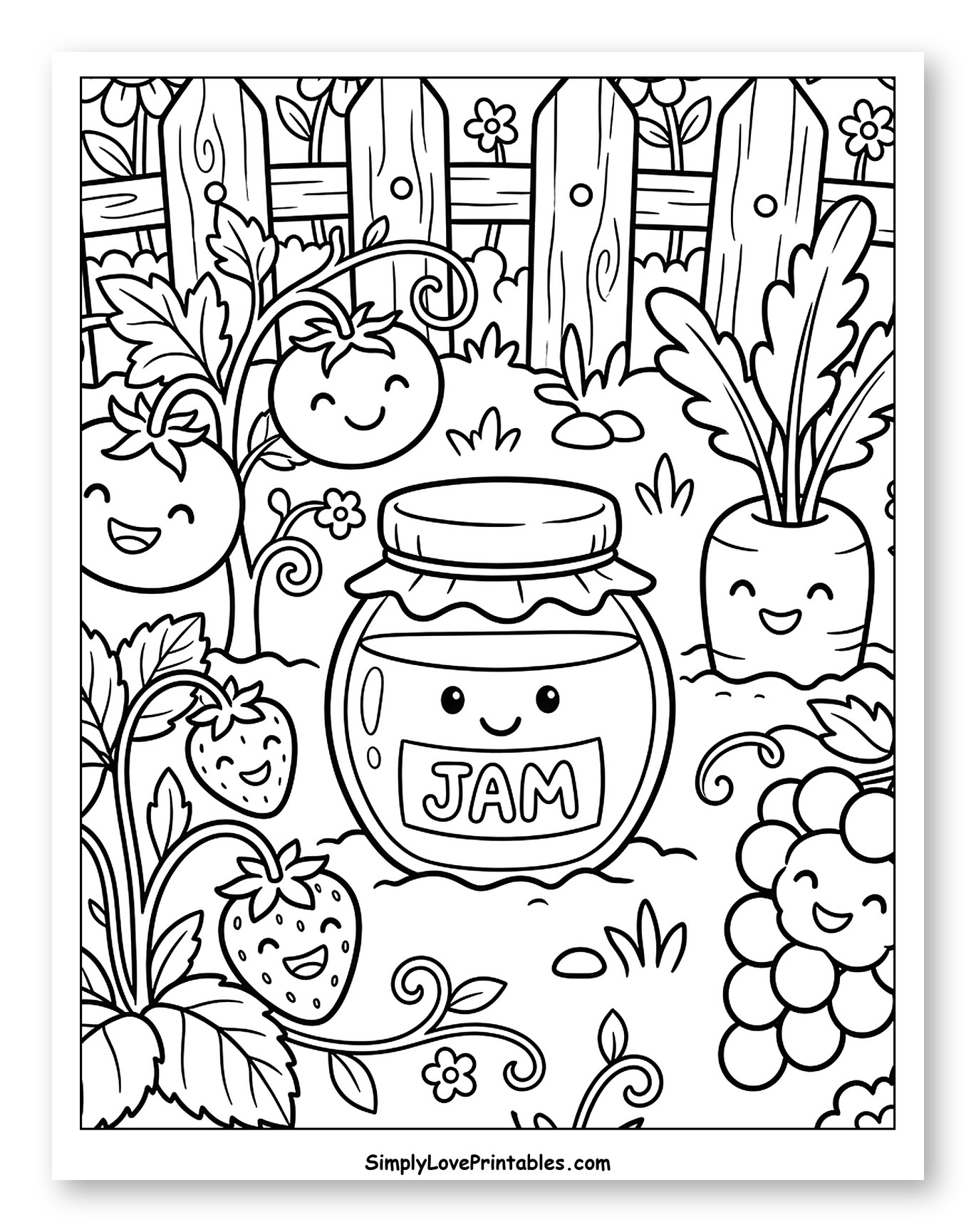 Happy Garden Crops with a Jar of Jam to Color for Kids