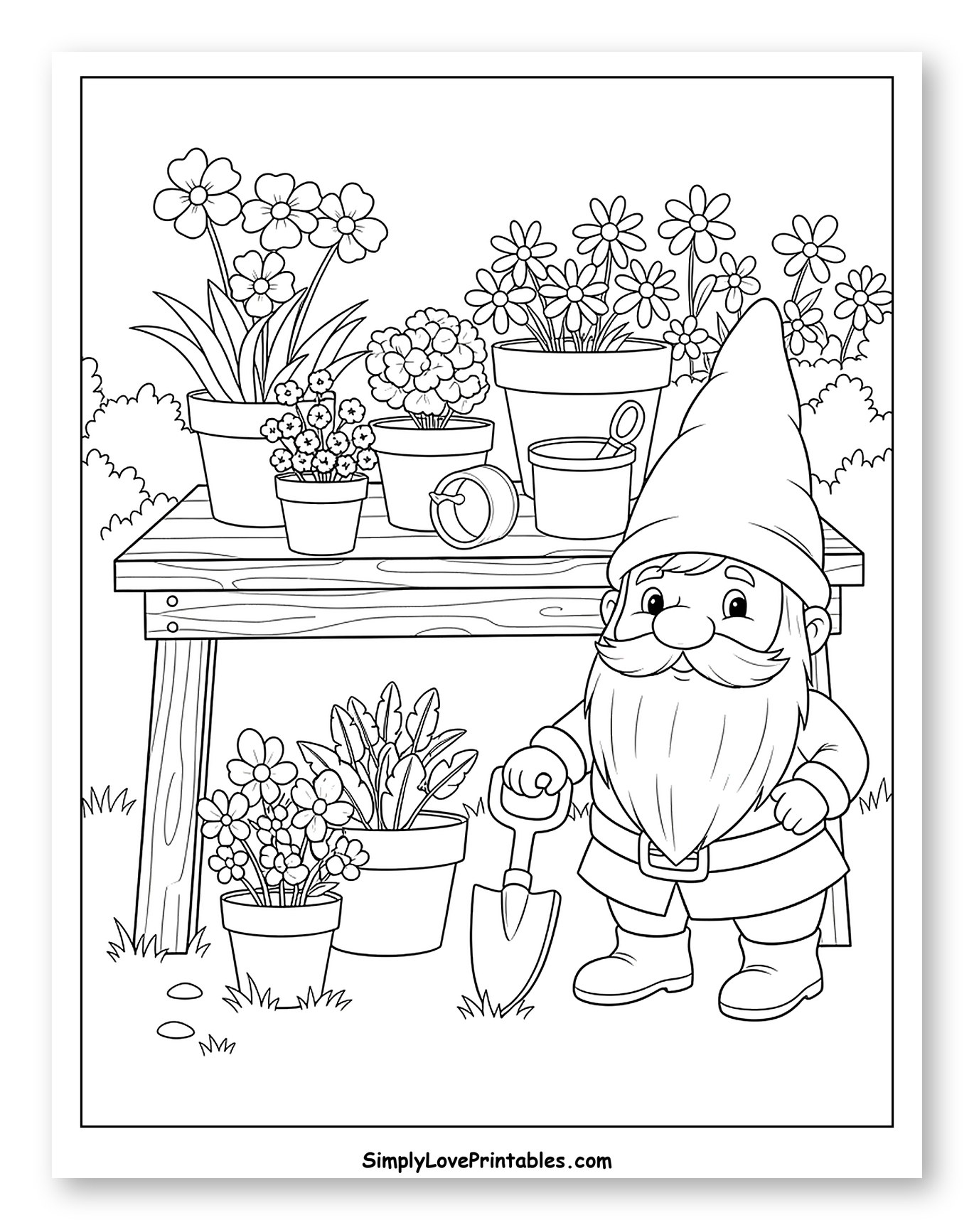 Happy Garden Gnome with Potted Plants