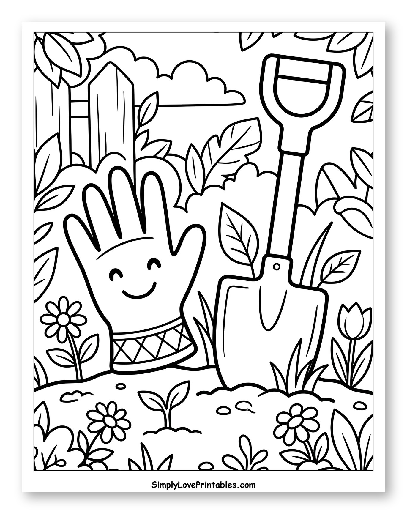 Happy Gardening Glove and Shovel in Garden Coloring Page for Toddlers