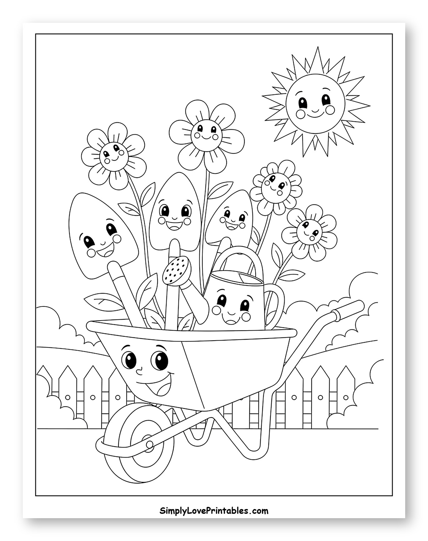 Happy Gardening Tools and Flowers in a Wheelbarrow to Color for Kids