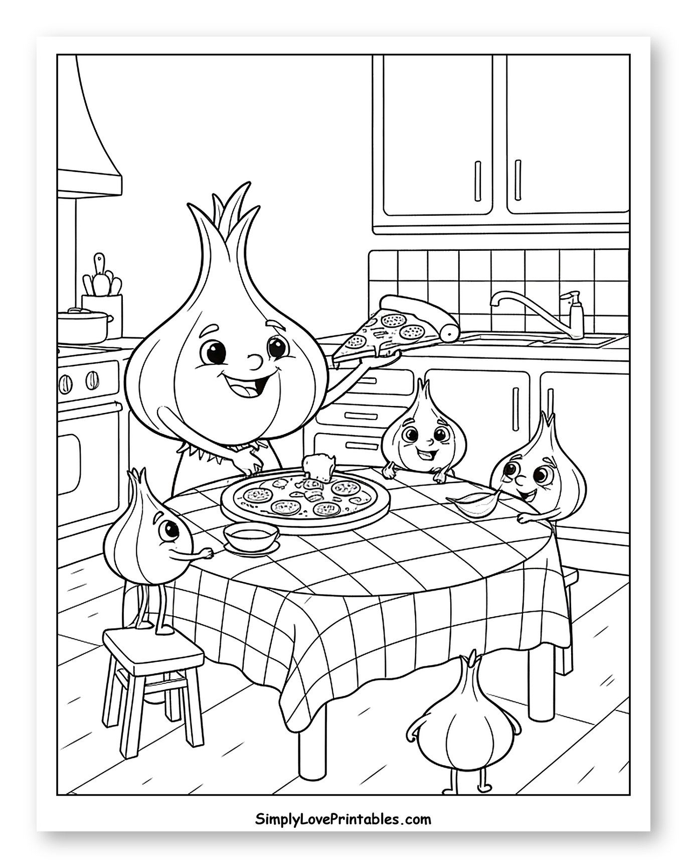 Happy Garlic Bulbs Sharing Pizza Dinner to Color for Kids