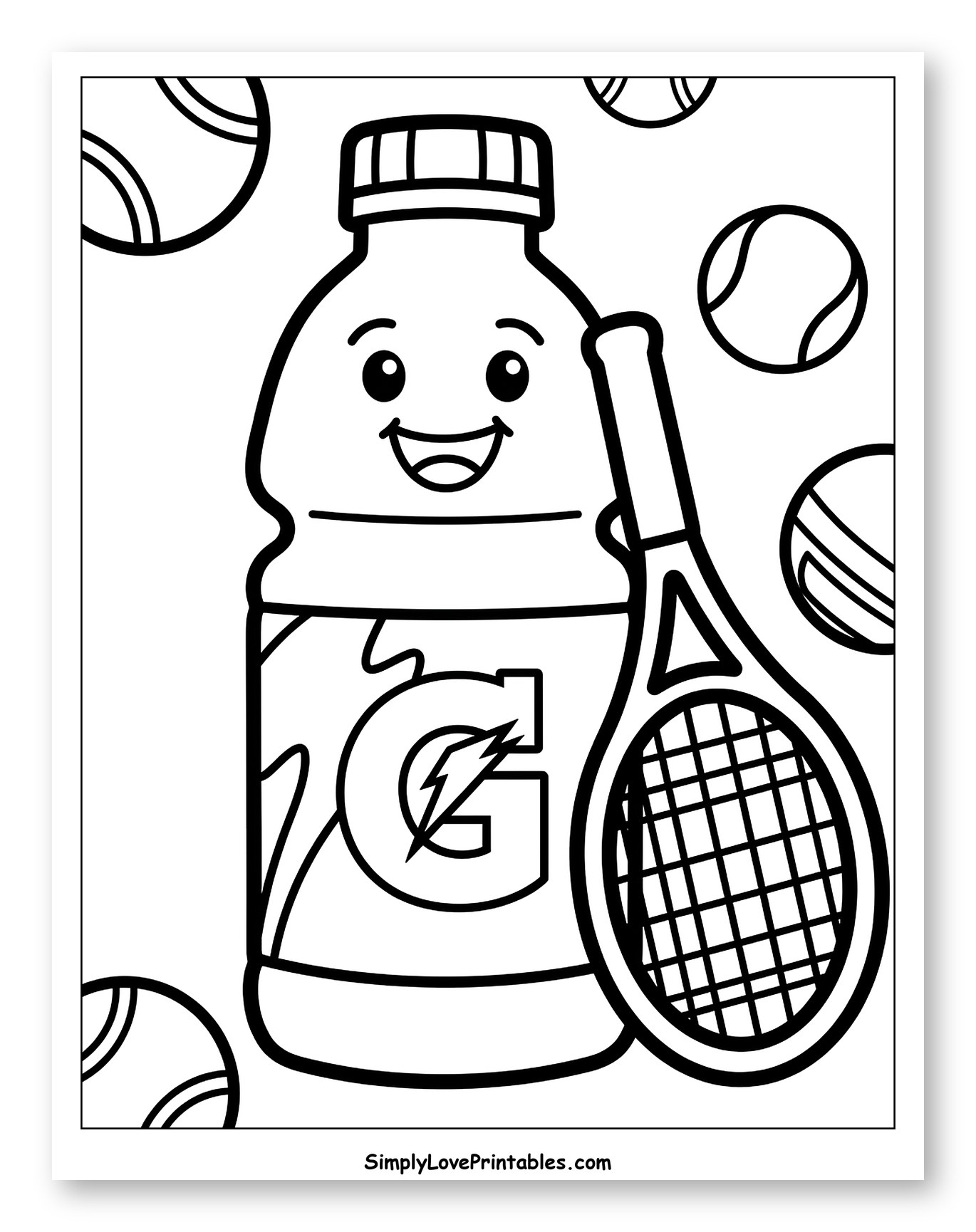 Happy Gatorade Bottle with Tennis Gear Coloring Page for Toddlers