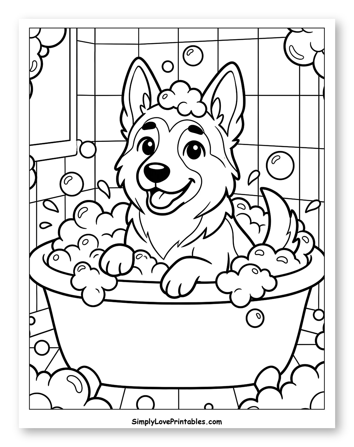Happy German Shepherd in a Bubble Bath Coloring Sheet for Kids