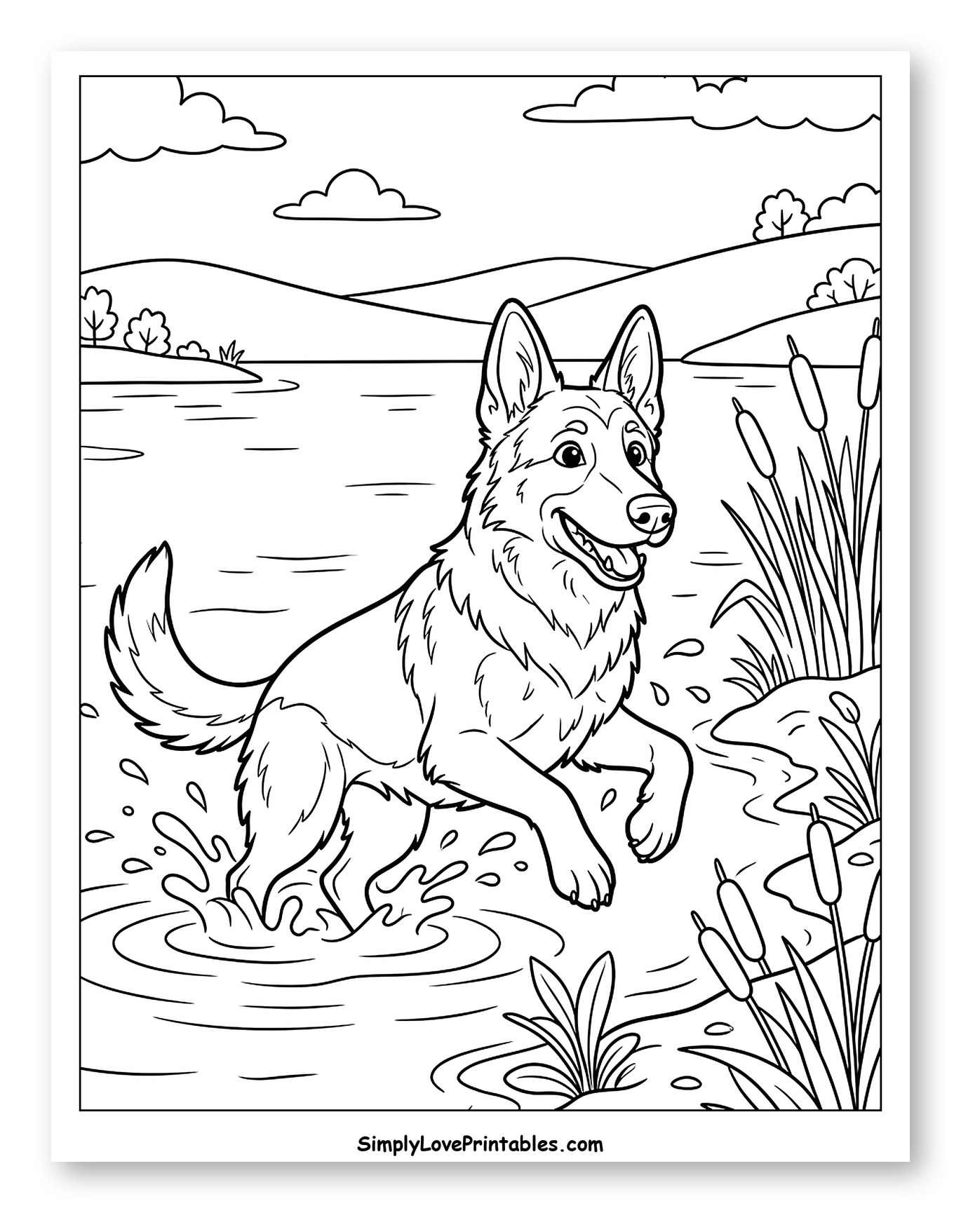 Happy German Shepherd Playing in Water Coloring Page for Kids