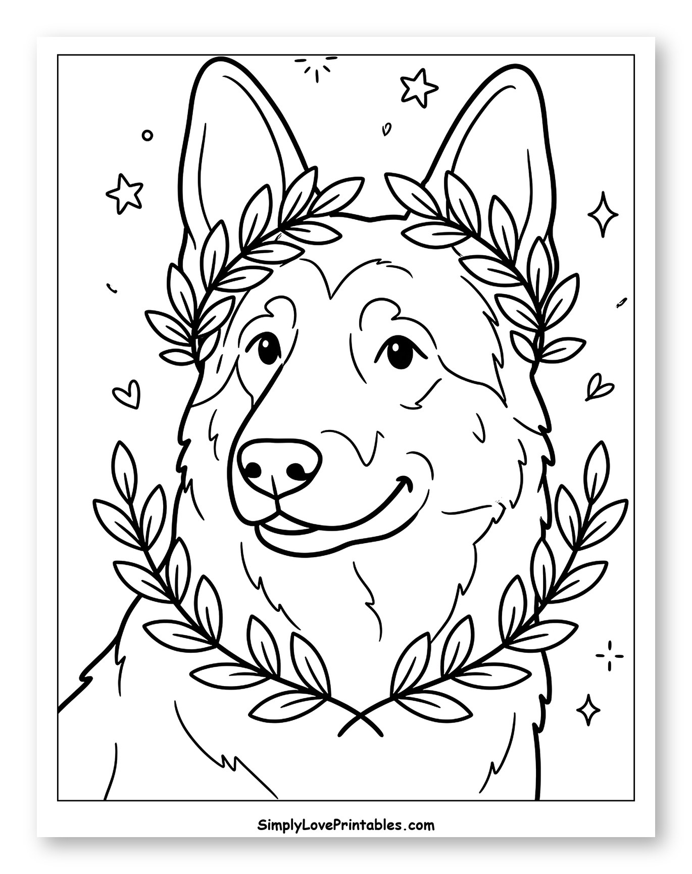 Happy German Shepherd Wearing a Wreath