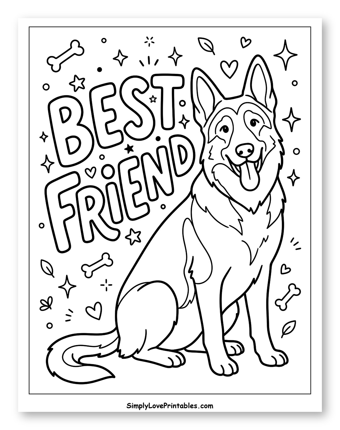 Happy German Shepherd with Best Friend Text Coloring Sheet for Adults
