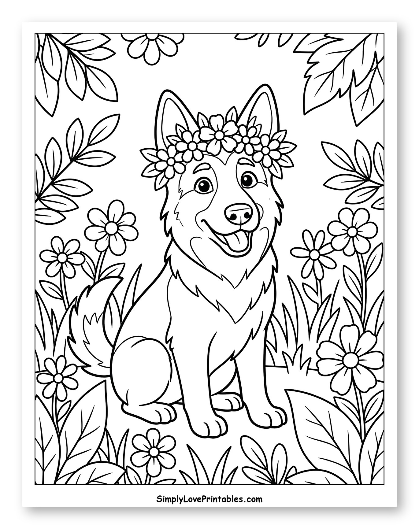 Happy German Shepherd with Flower Crown to Color for Kids
