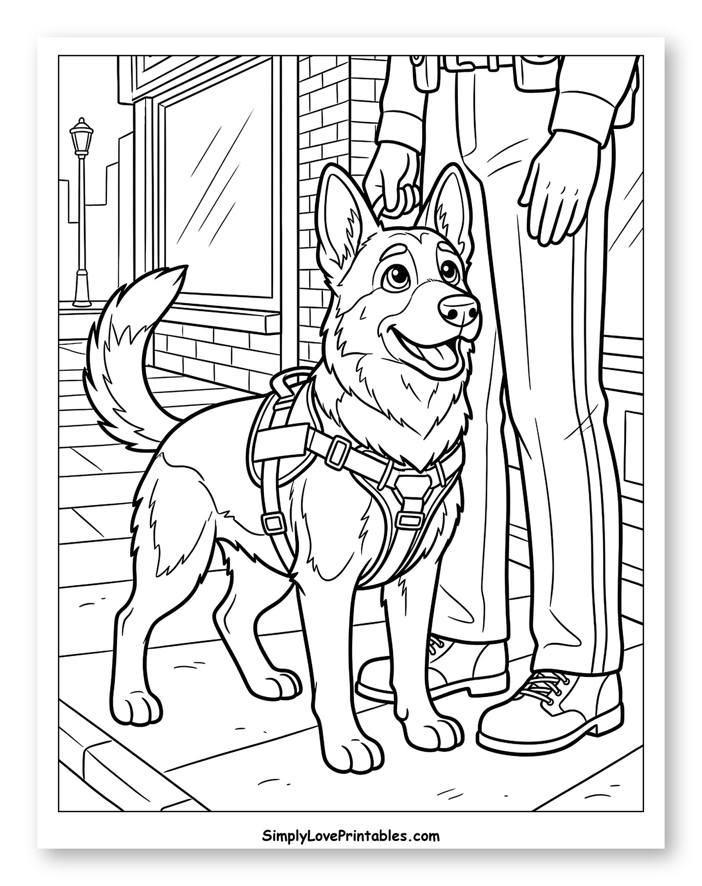 Happy German Shepherd with Handler on Sidewalk