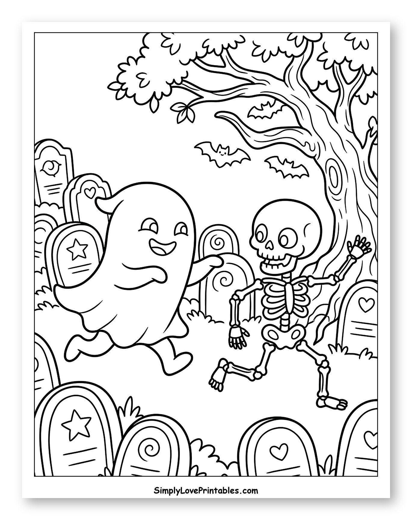 Happy Ghost and Skeleton in Graveyard