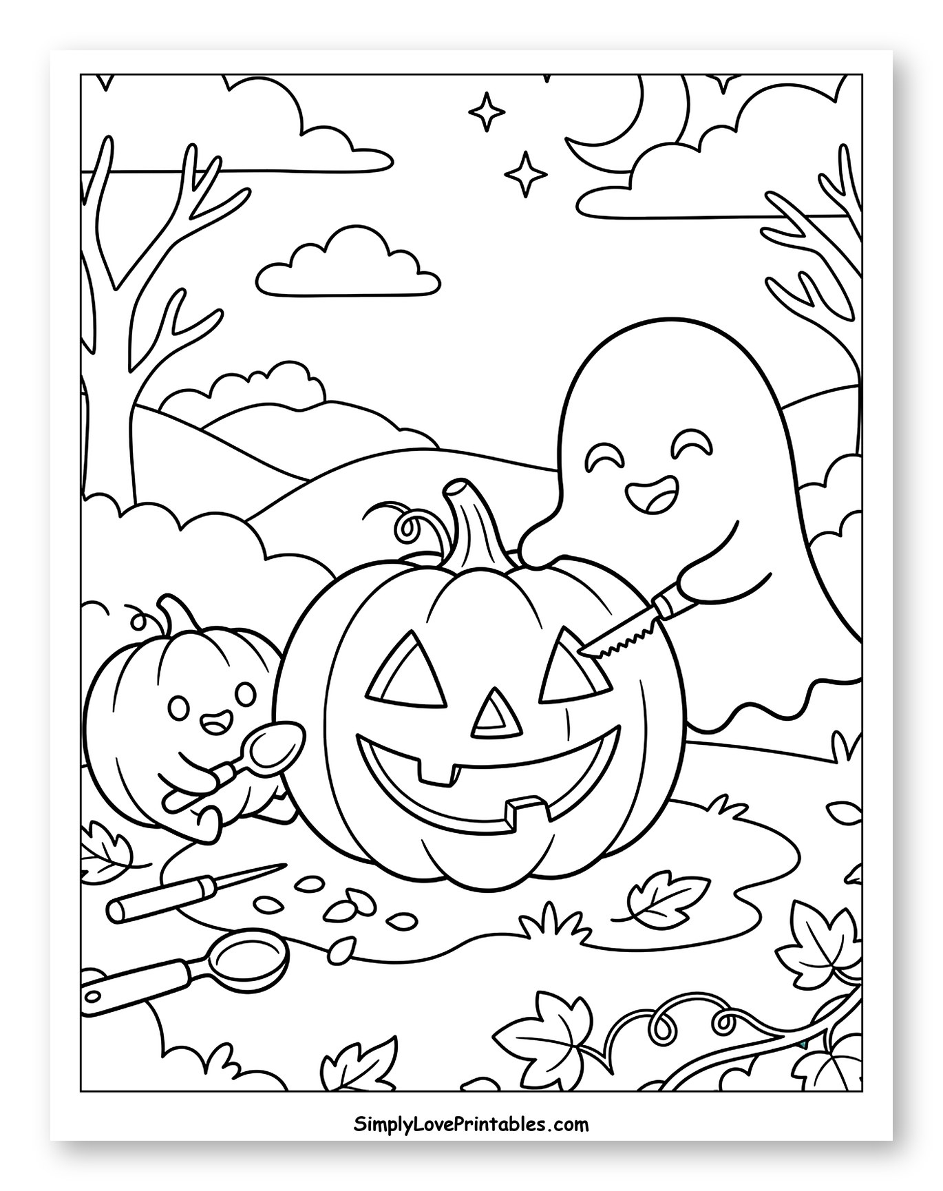 Happy Ghost Carving Jack-O'-Lantern with Pumpkin Friend