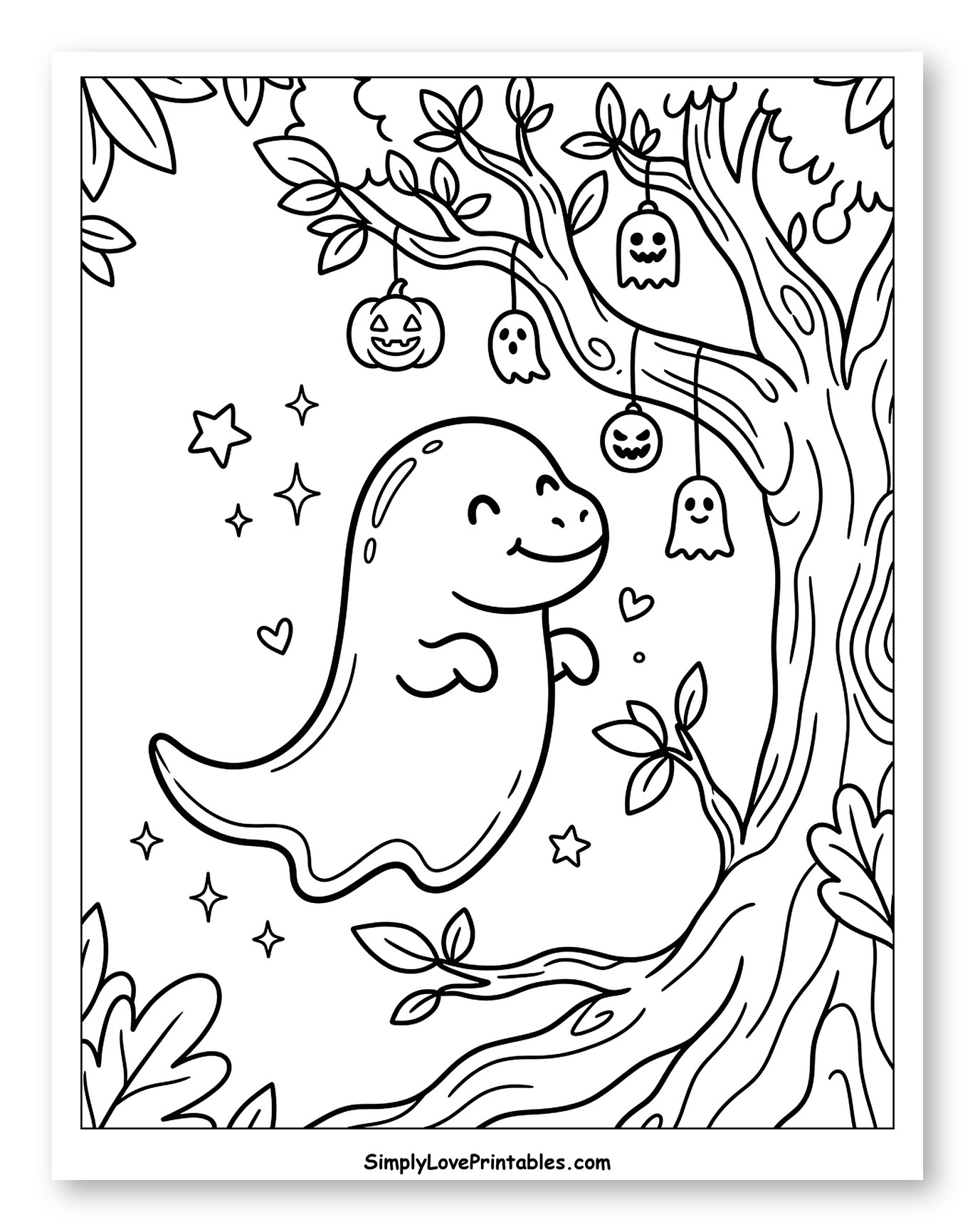 Happy Ghost Dinosaur Near Halloween Decorated Tree