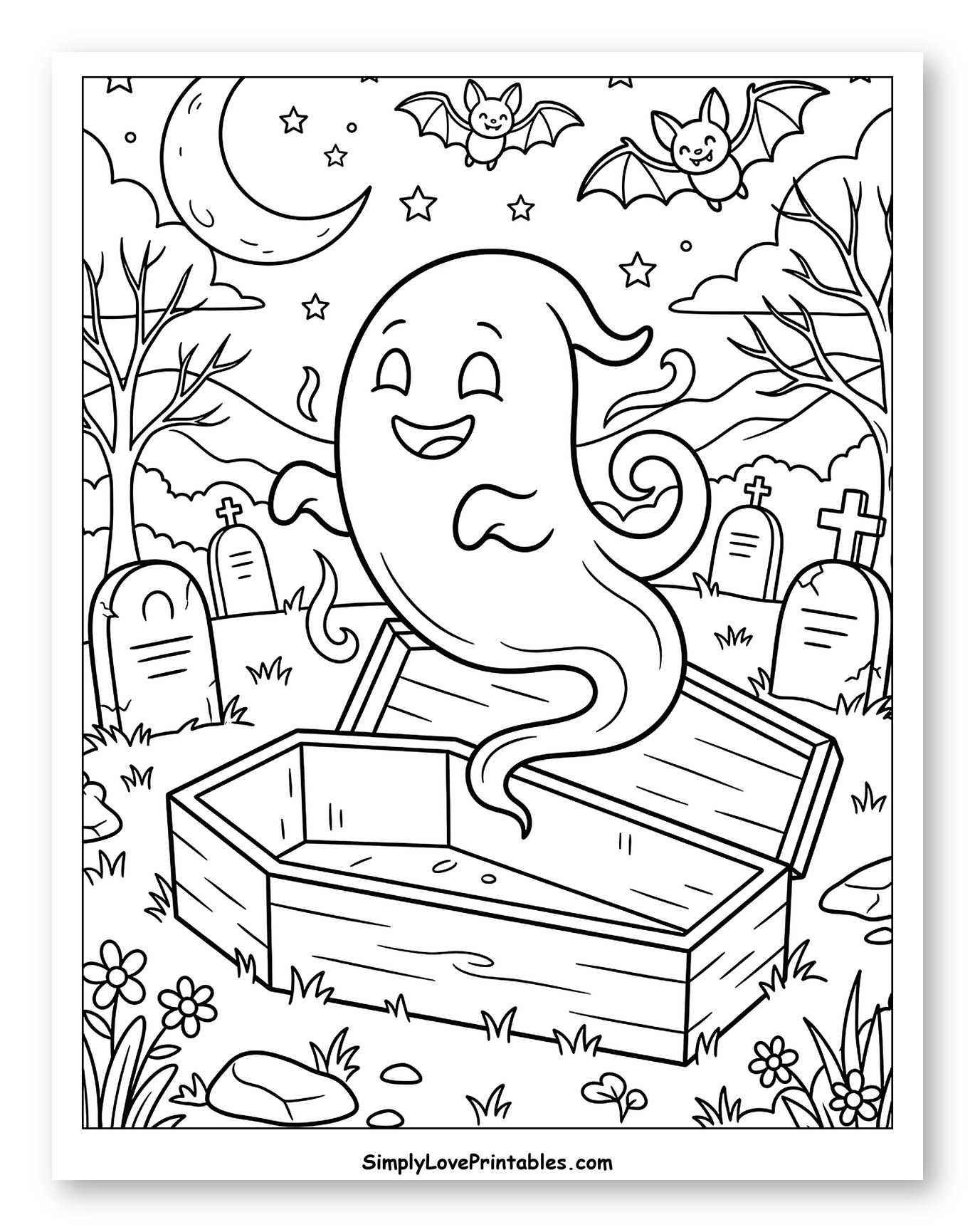 Happy Ghost Emerging from a Coffin Coloring Sheet for Kids