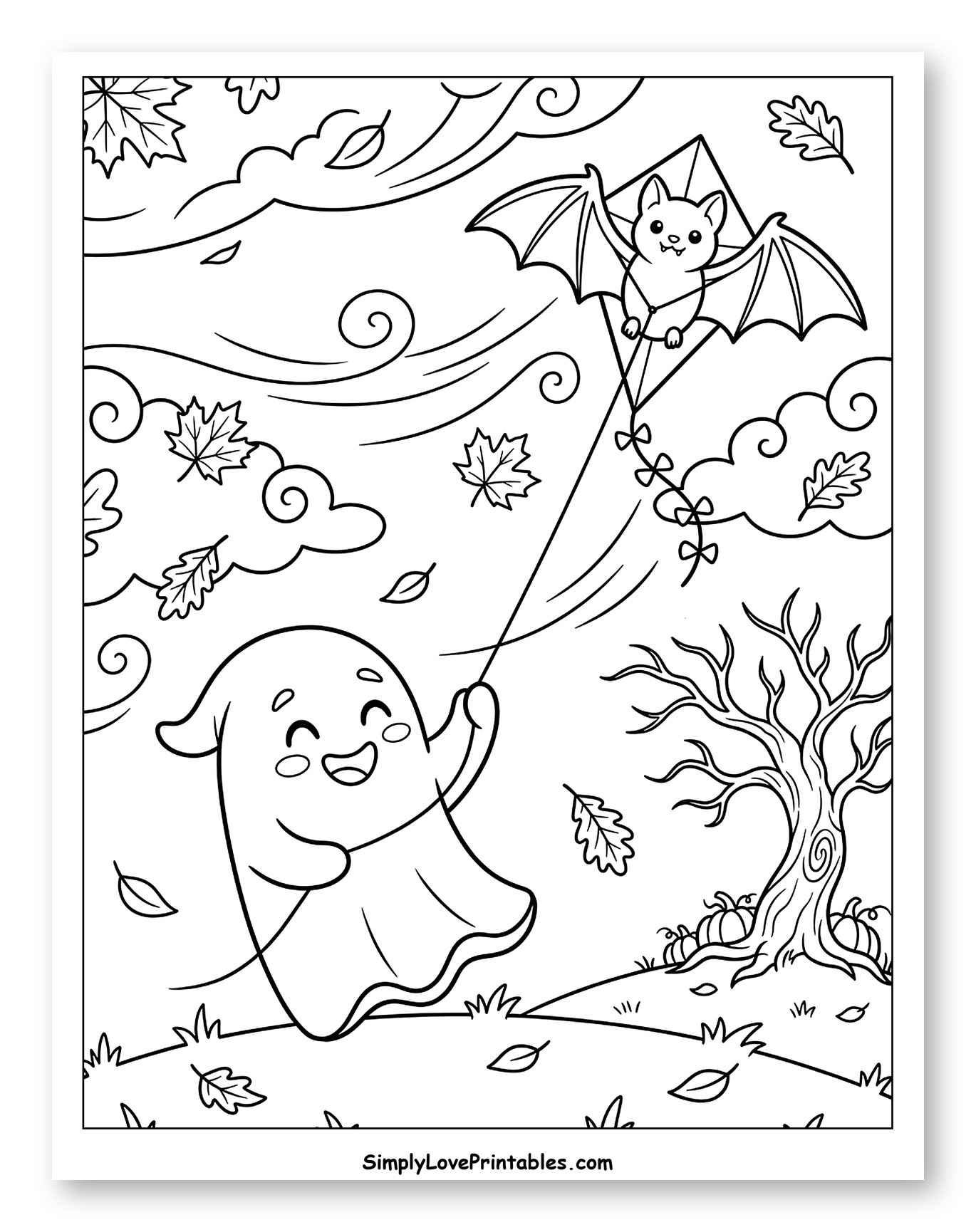 Happy Ghost Flying a Bat Kite in Autumn