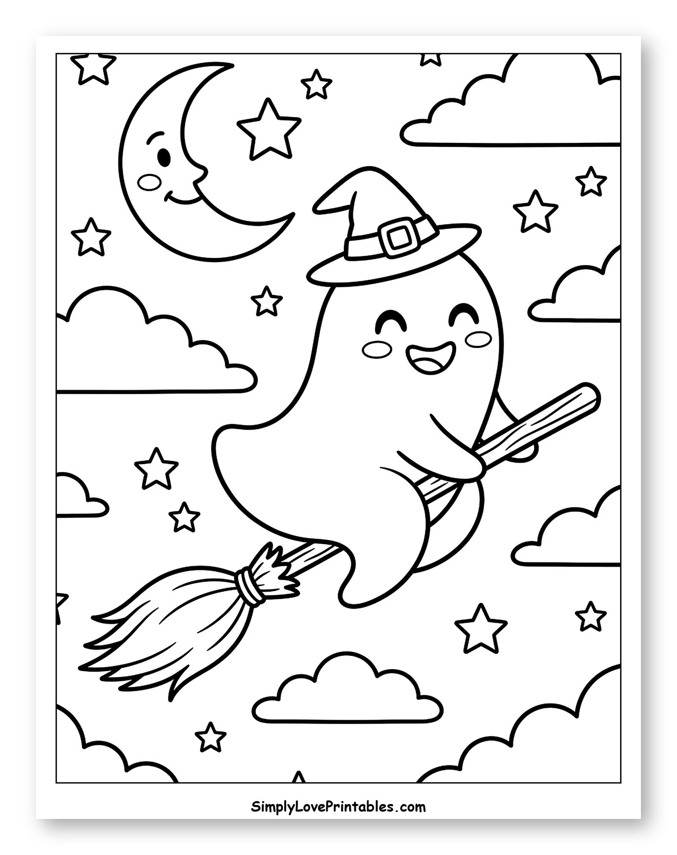 Happy Ghost Flying on a Broom with Moon