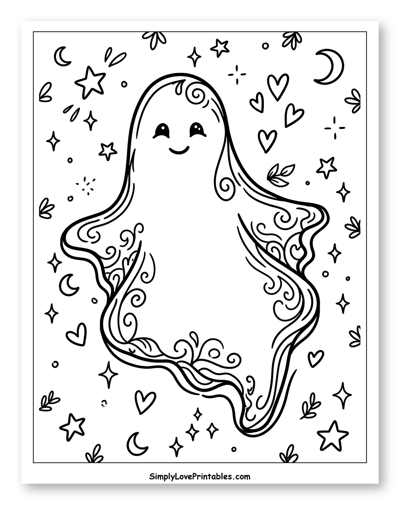 Happy Ghost with Swirls, Stars, and Moons