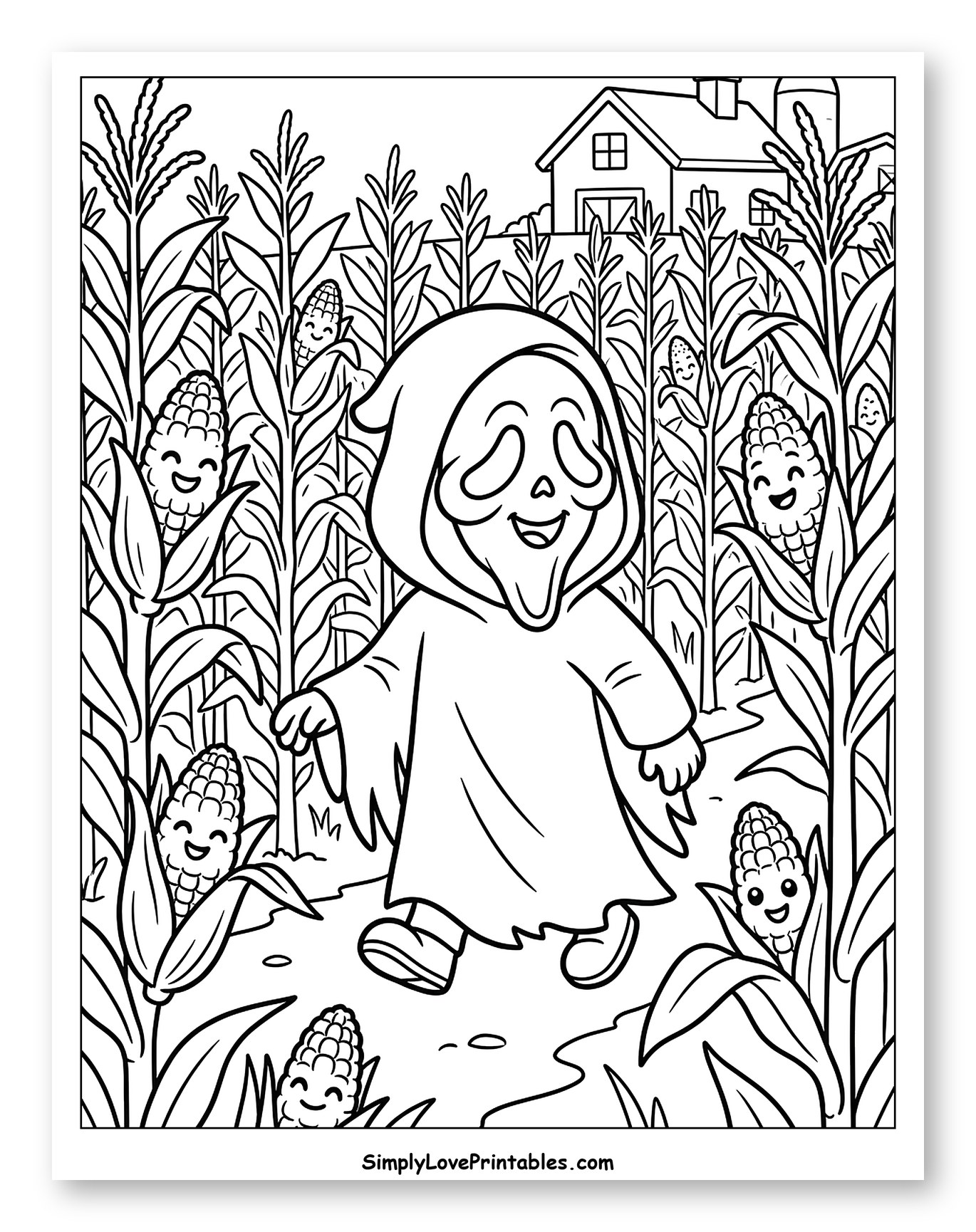 Happy Ghostface in a Cornfield with Cute Corn Coloring Page for Kids