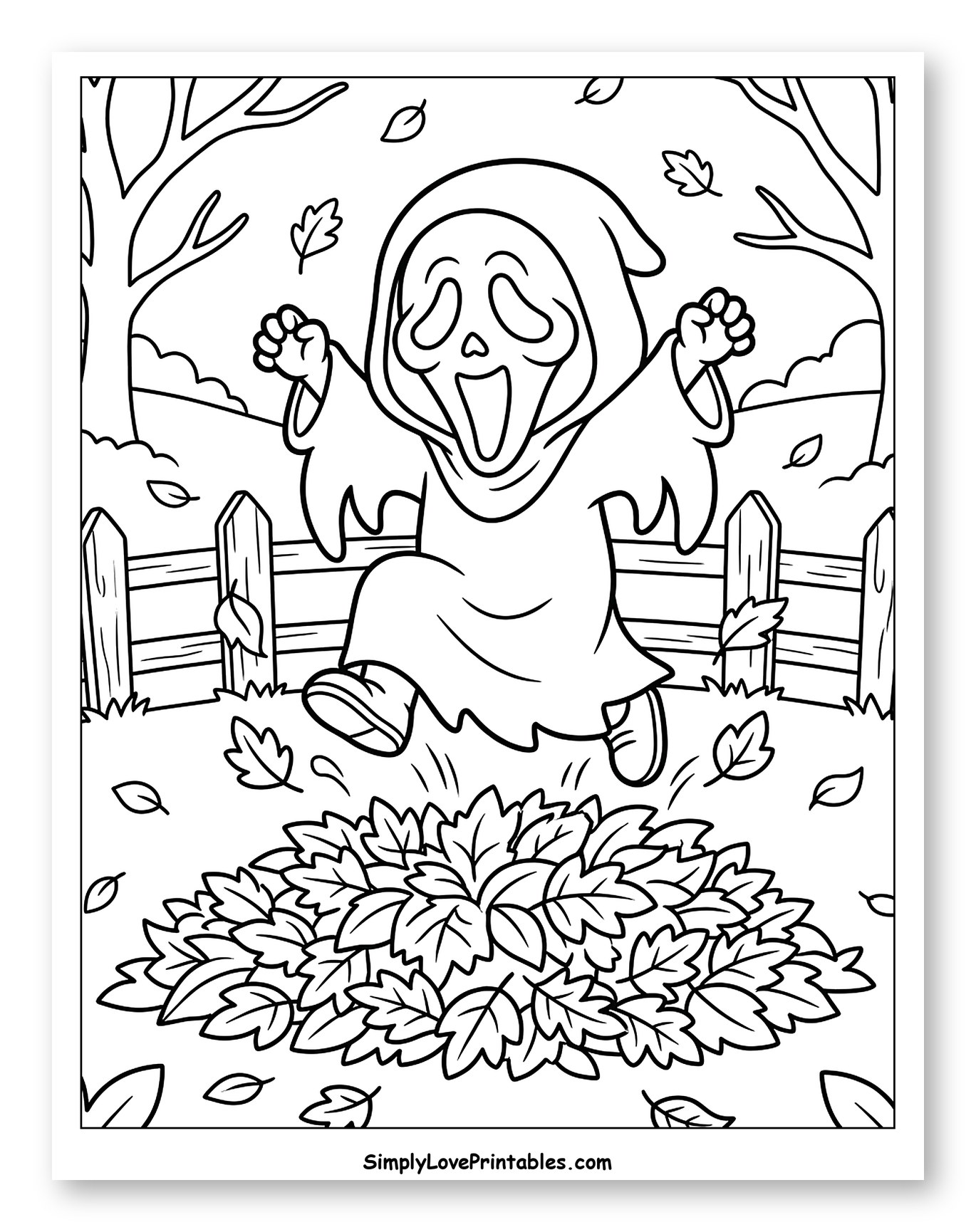 Happy Ghostface Jumping in Autumn Leaves