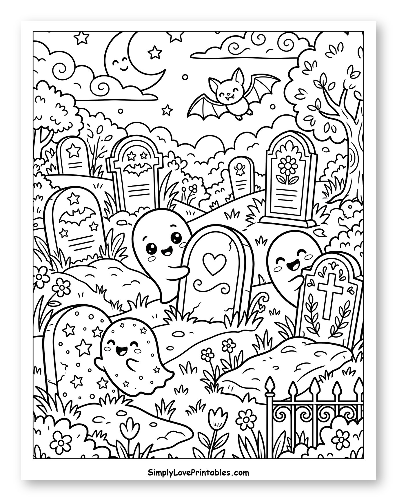 Happy Ghosts and Gravestones in a Graveyard to Color for Kids