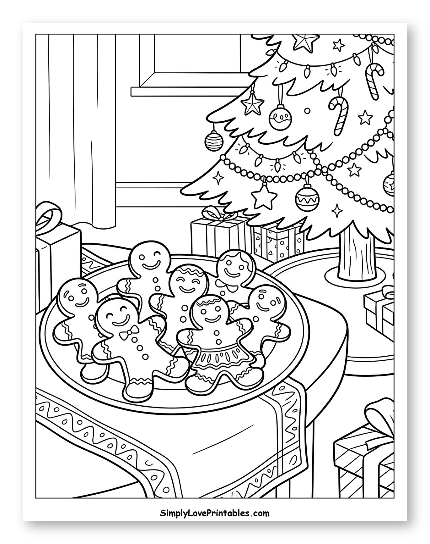 Happy Gingerbread Cookies by a Christmas Tree Coloring Sheet for Kids