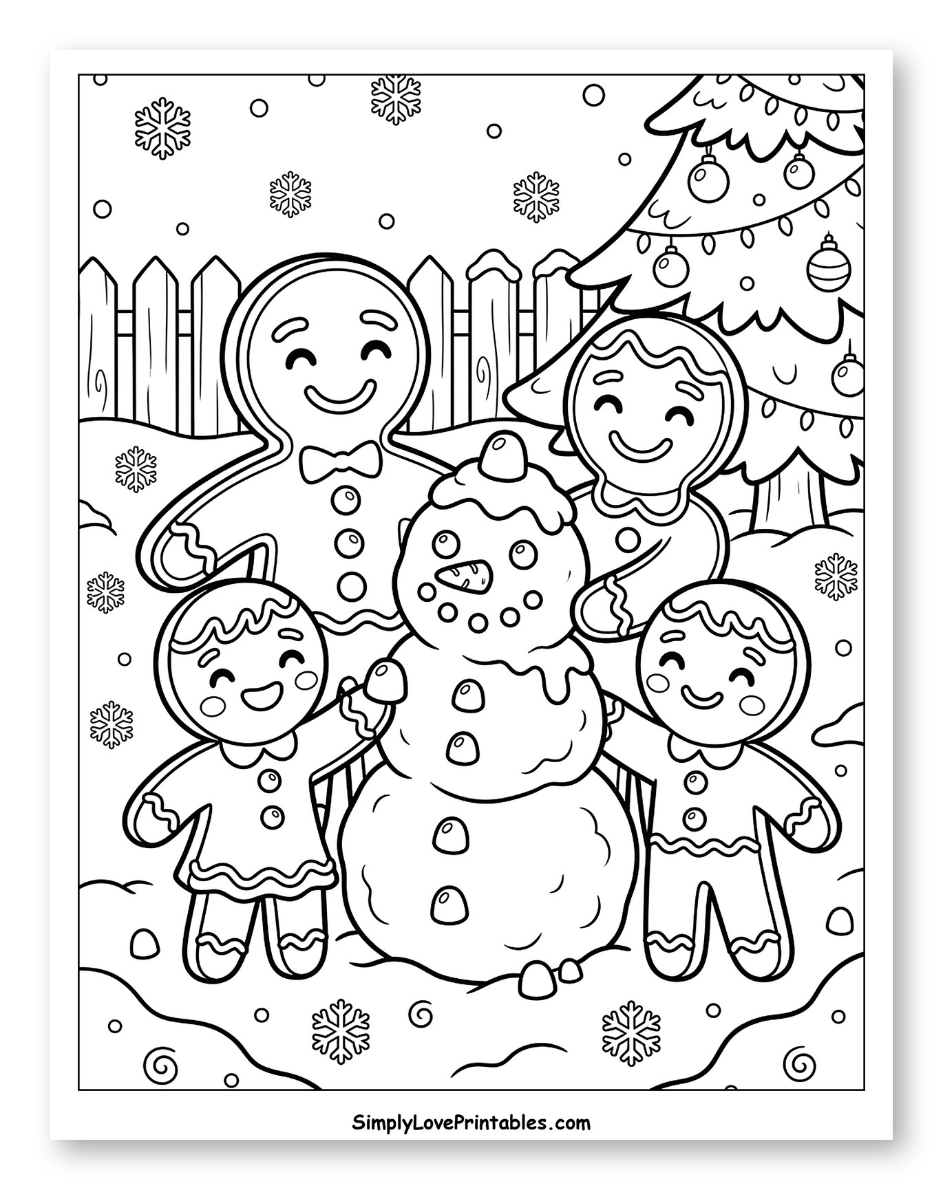 Happy Gingerbread Family Building a Snowman