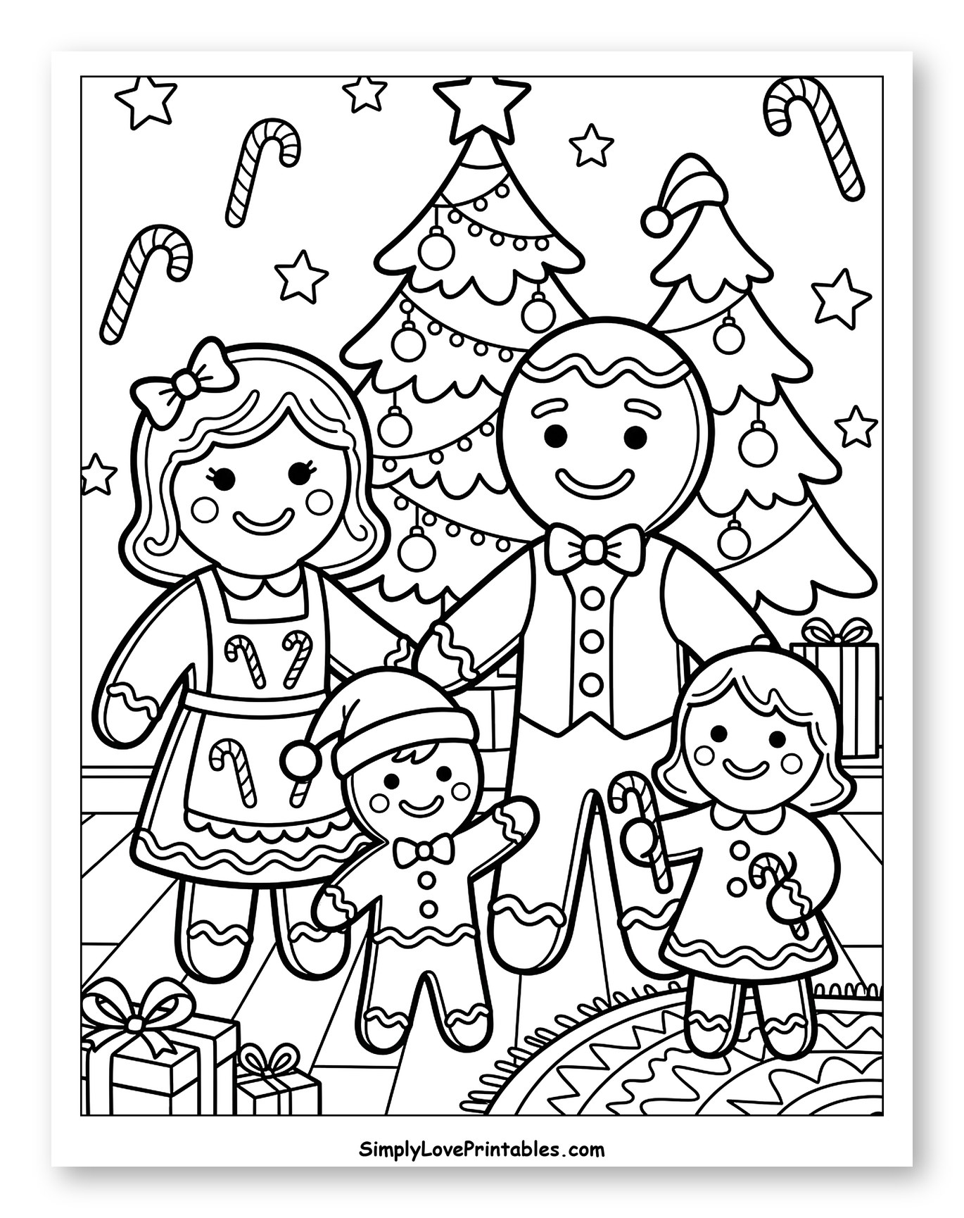 Happy Gingerbread Family by the Christmas Trees to Color for Toddlers