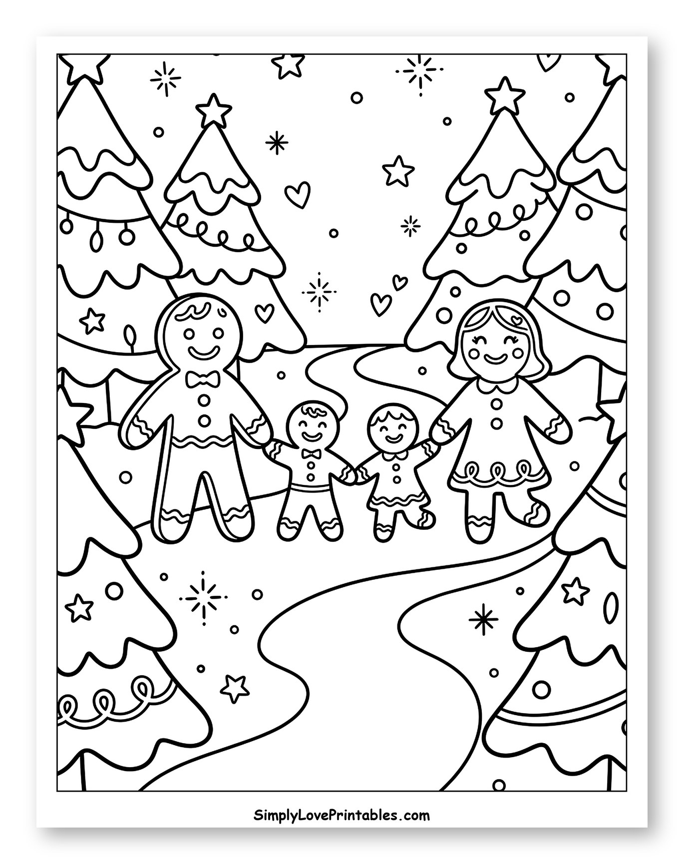 Happy Gingerbread Family on a Snowy Path Coloring Sheet for Adults