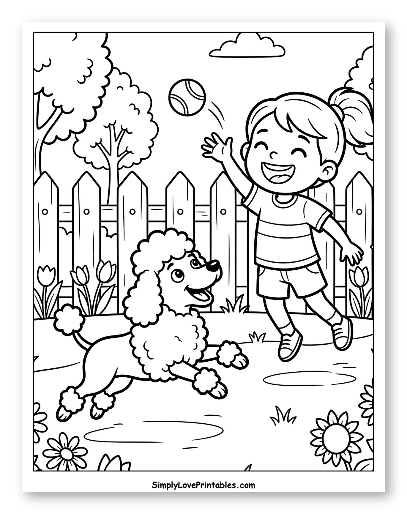 Happy Girl and Poodle Playing Ball Outdoors Coloring Sheet for Kids