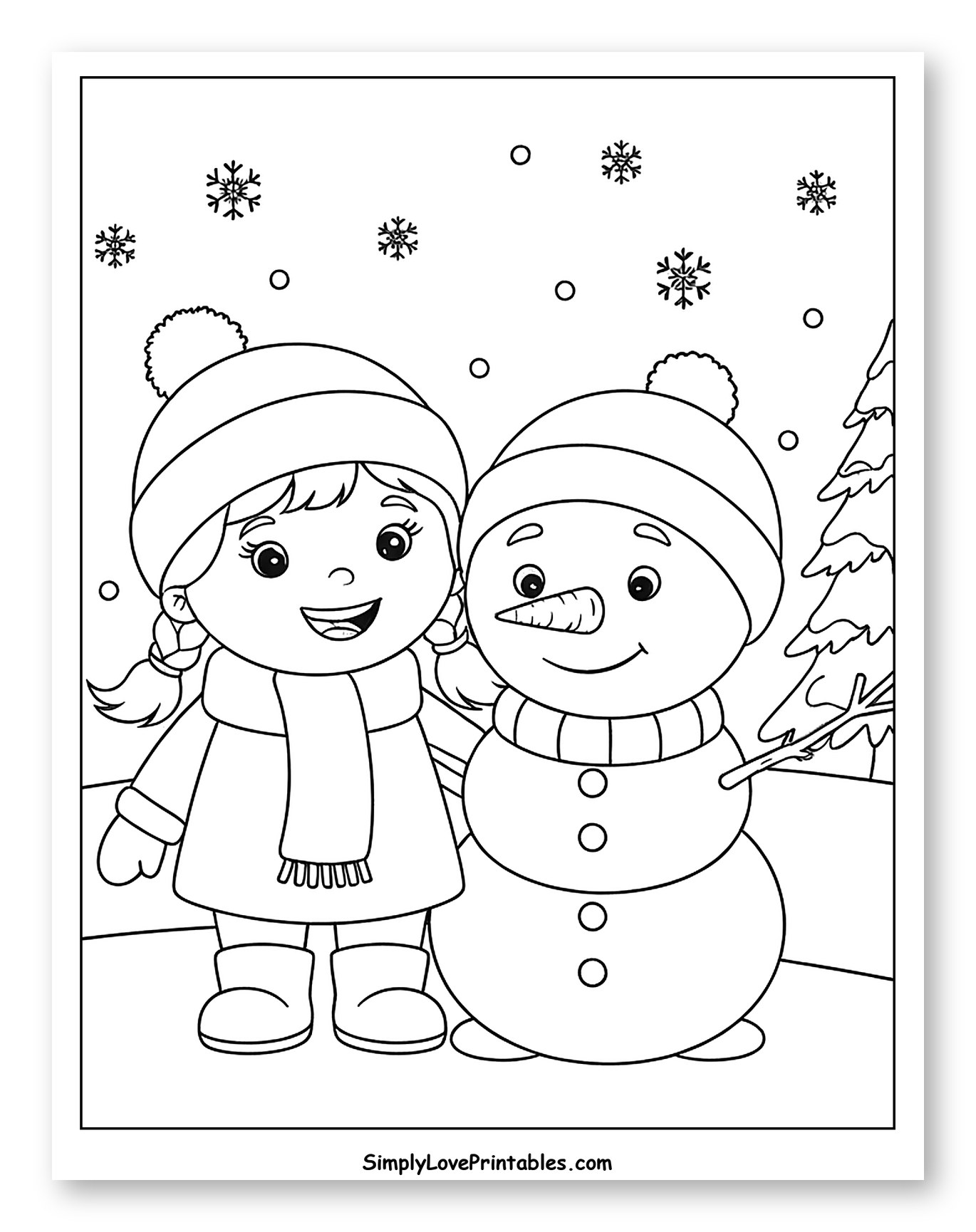 Happy Girl and Snowman in the Snow