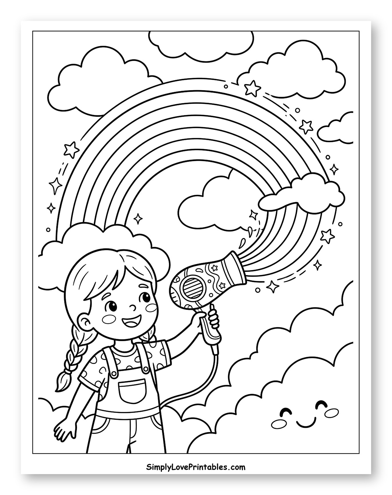 Happy Girl Blowing a Rainbow from Hair Dryer Coloring Sheet for Kids