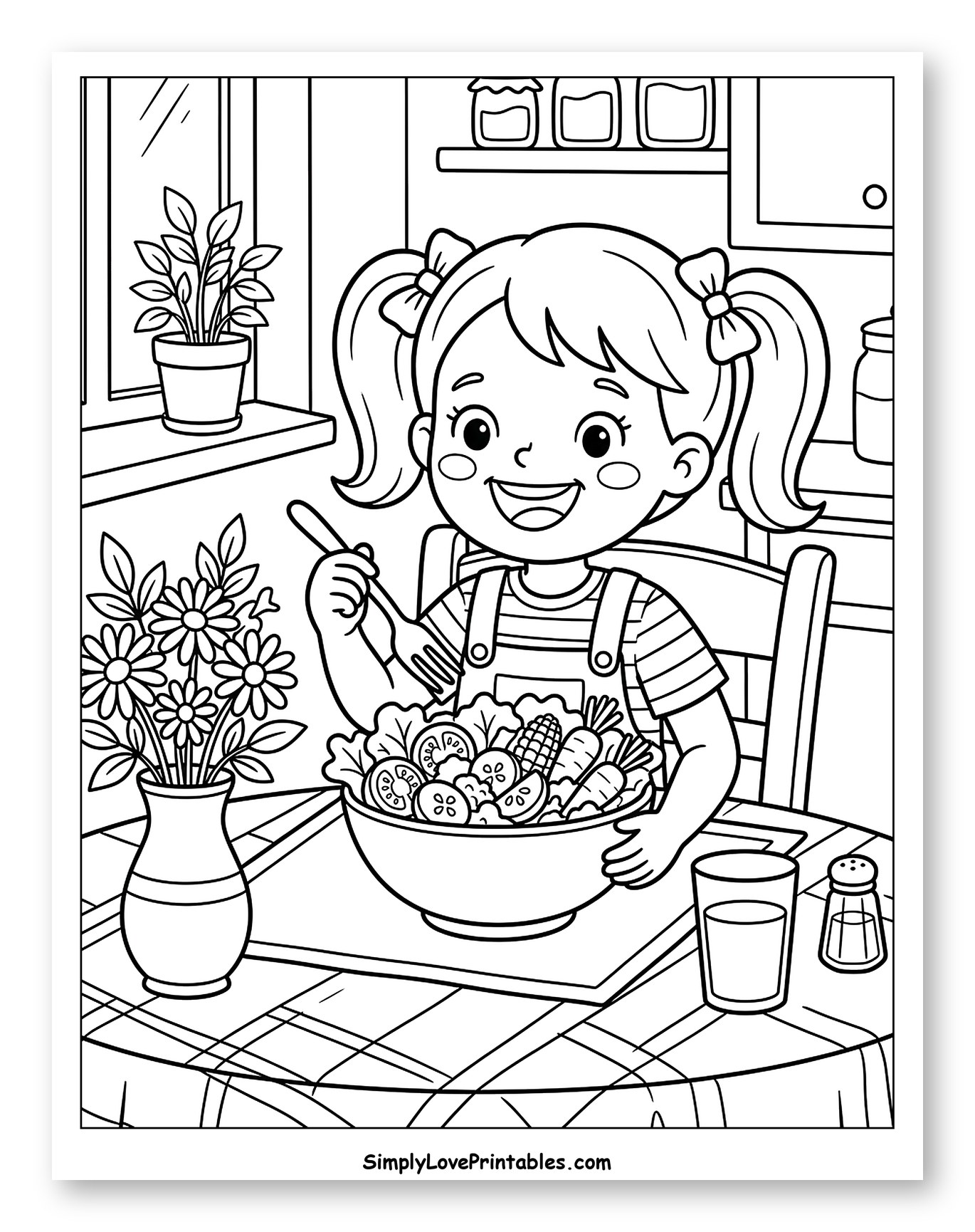 Happy Girl Eating a Fresh Salad to Color for Kids