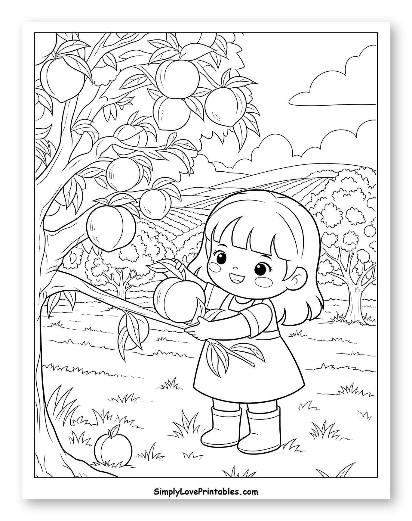 Happy Girl Harvesting Peaches in an Orchard Coloring Sheet for Kids