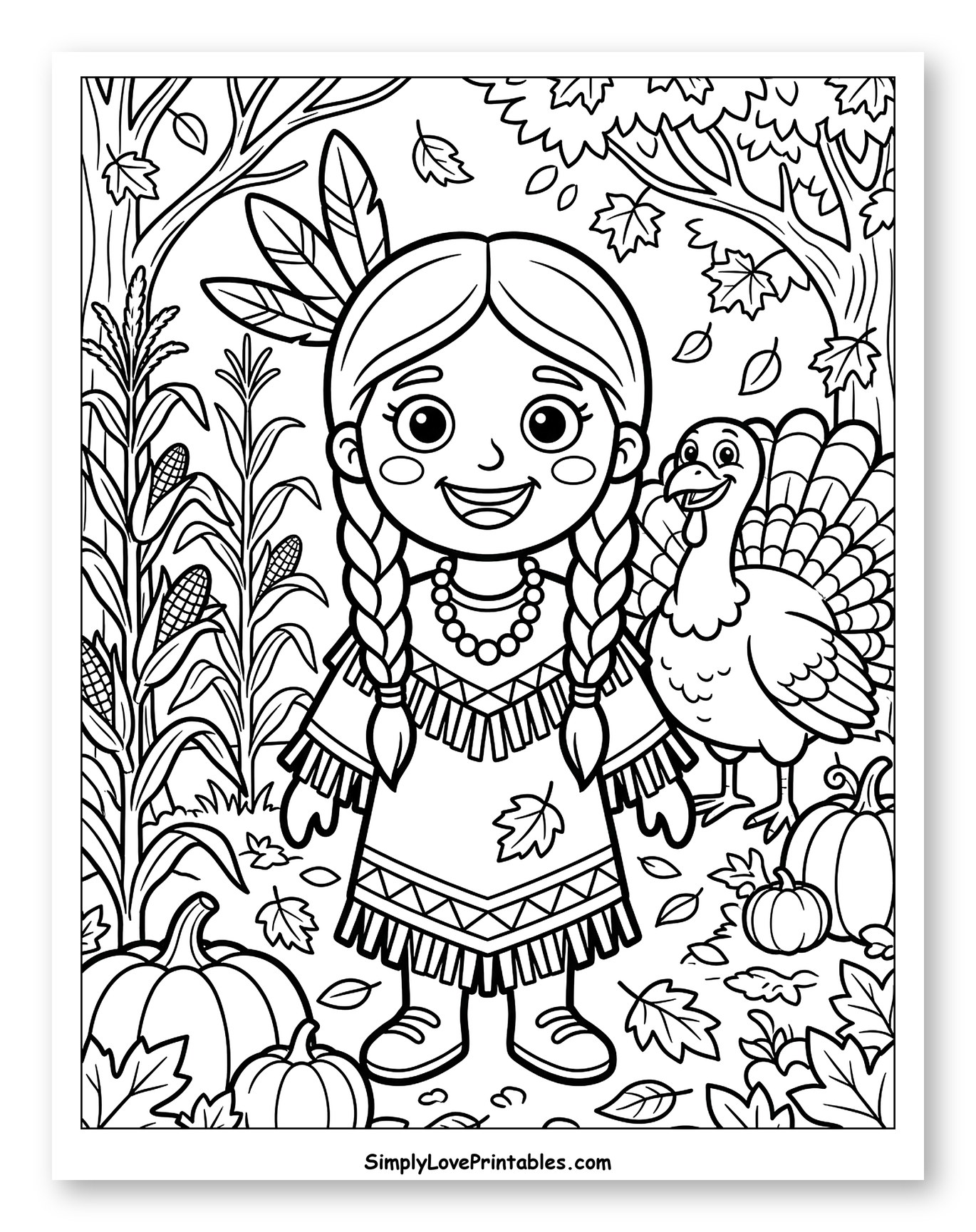 Happy Girl in Native Dress with Turkey and Pumpkins