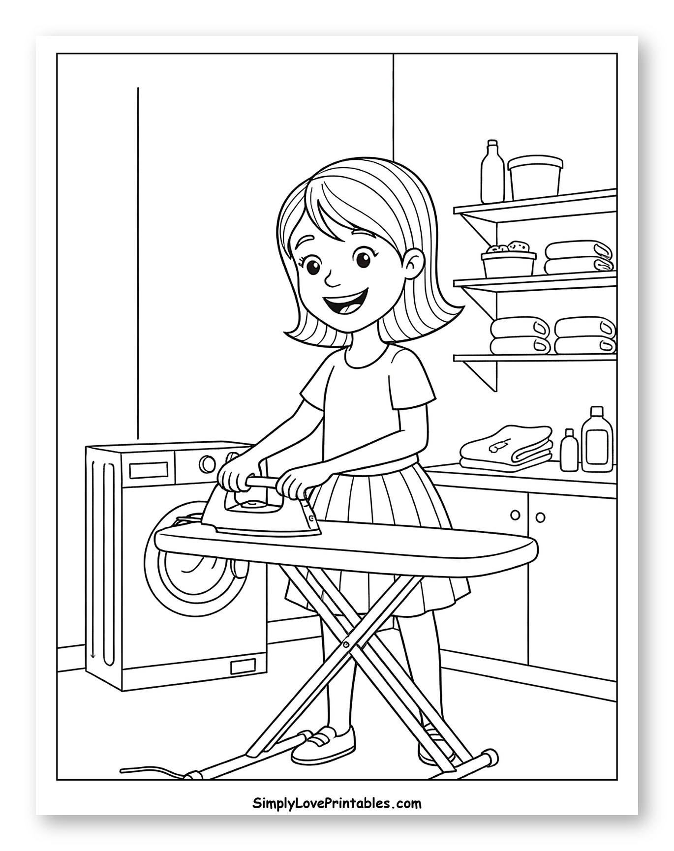 Happy Girl Ironing Clothes in Laundry Room Coloring Page for Kids