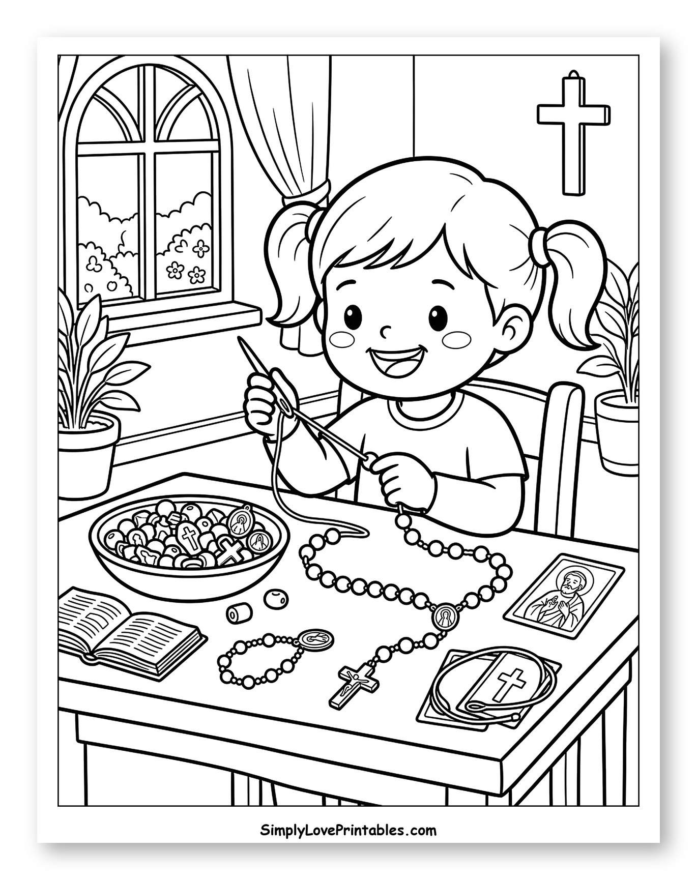 Happy Girl Making a Rosary Coloring Sheet for Kids