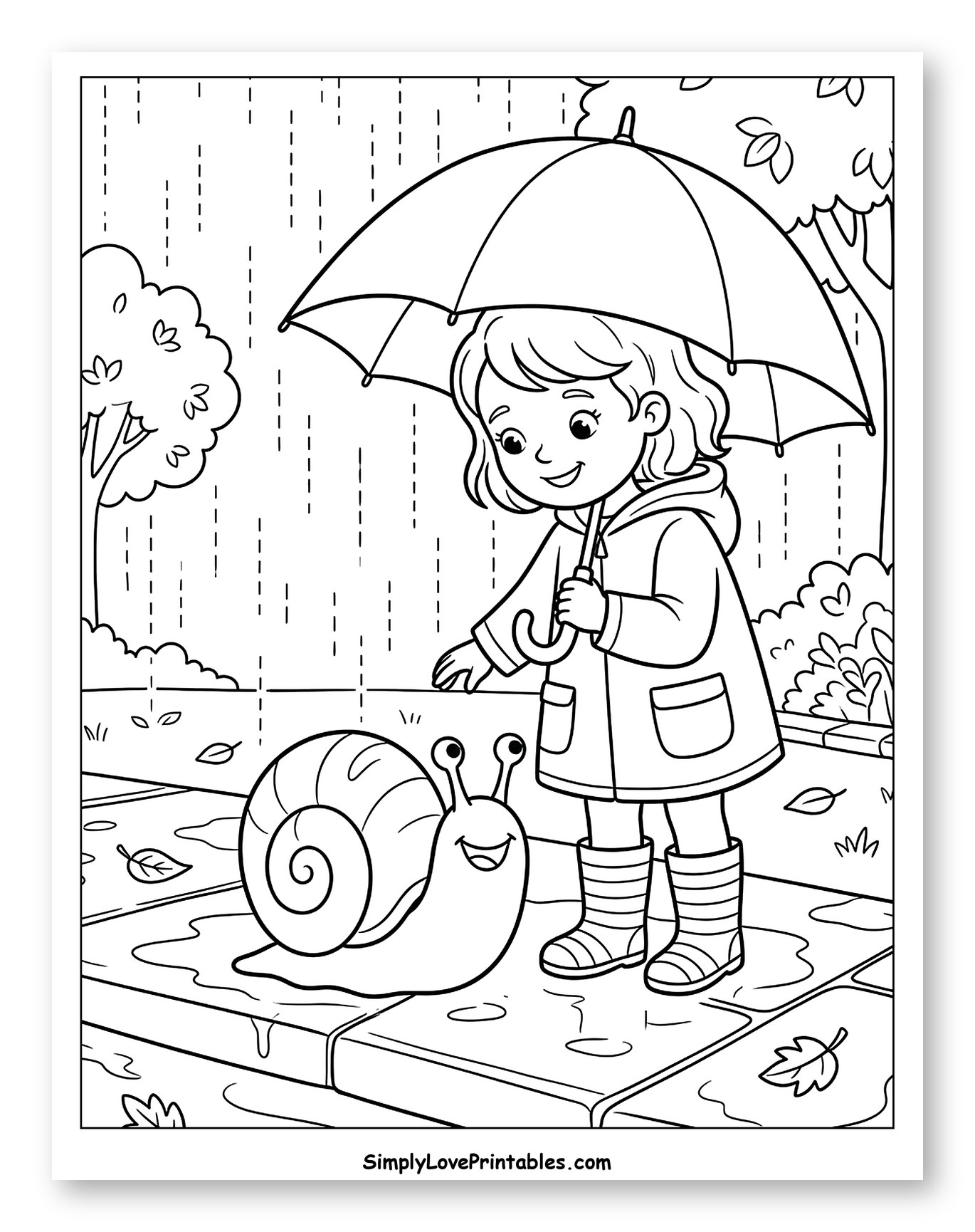 Happy Girl Meets Snail in Rain