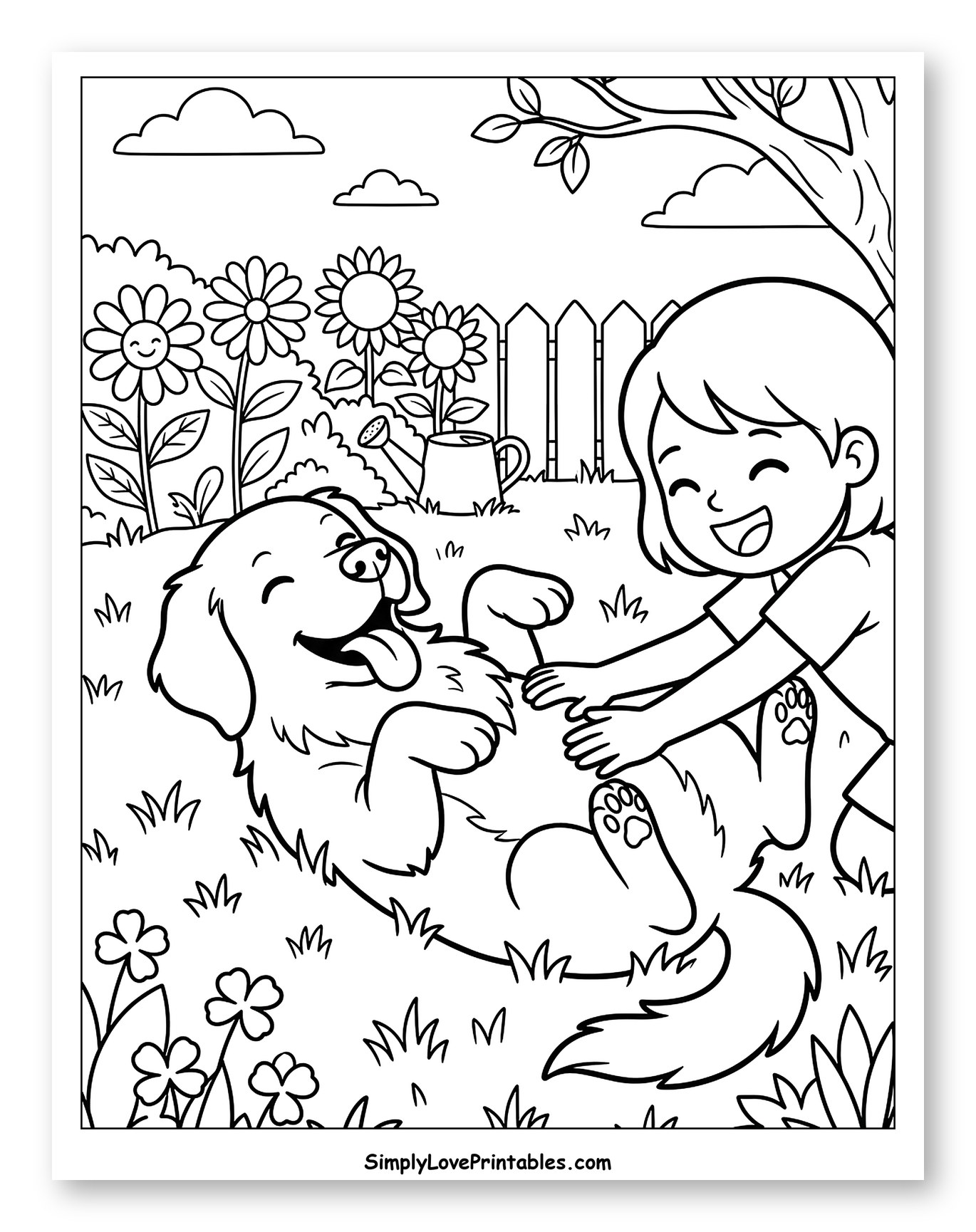 Happy Girl Petting Golden Retriever in Garden