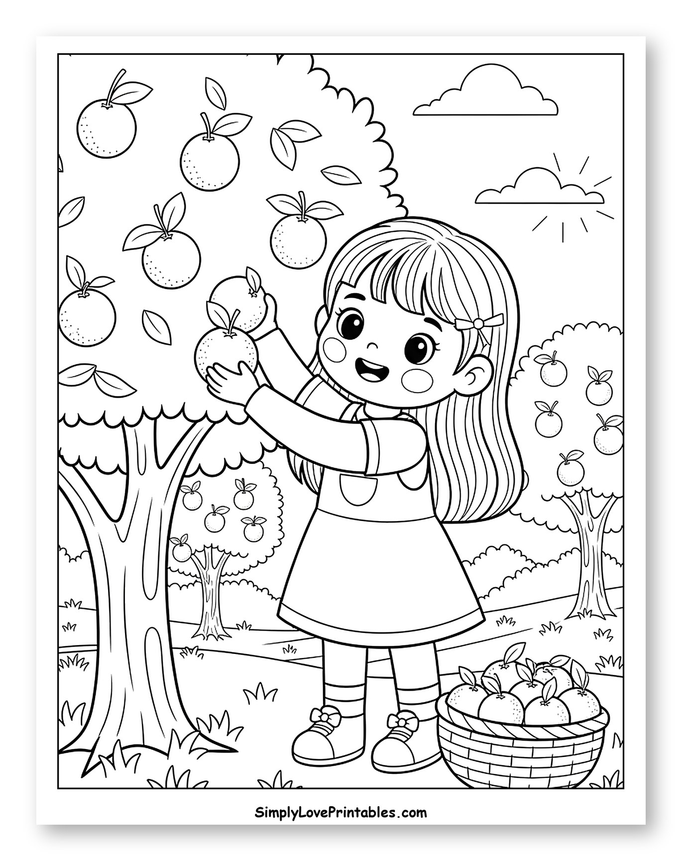 Happy Girl Picking Oranges from Tree Coloring Page for Kids