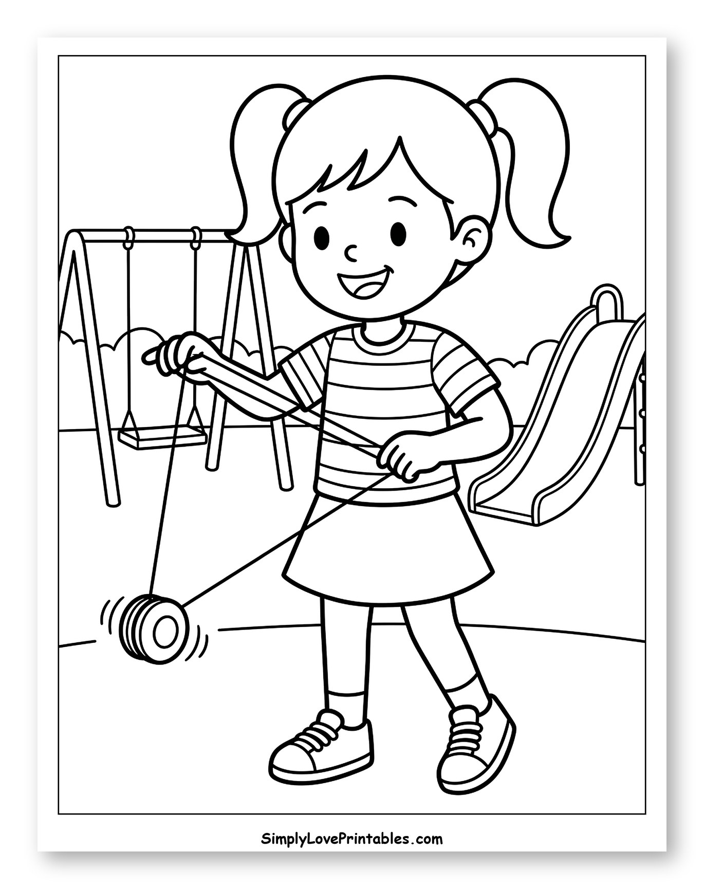 Happy Girl Playing Yo-Yo at Playground Coloring Sheet for Kids