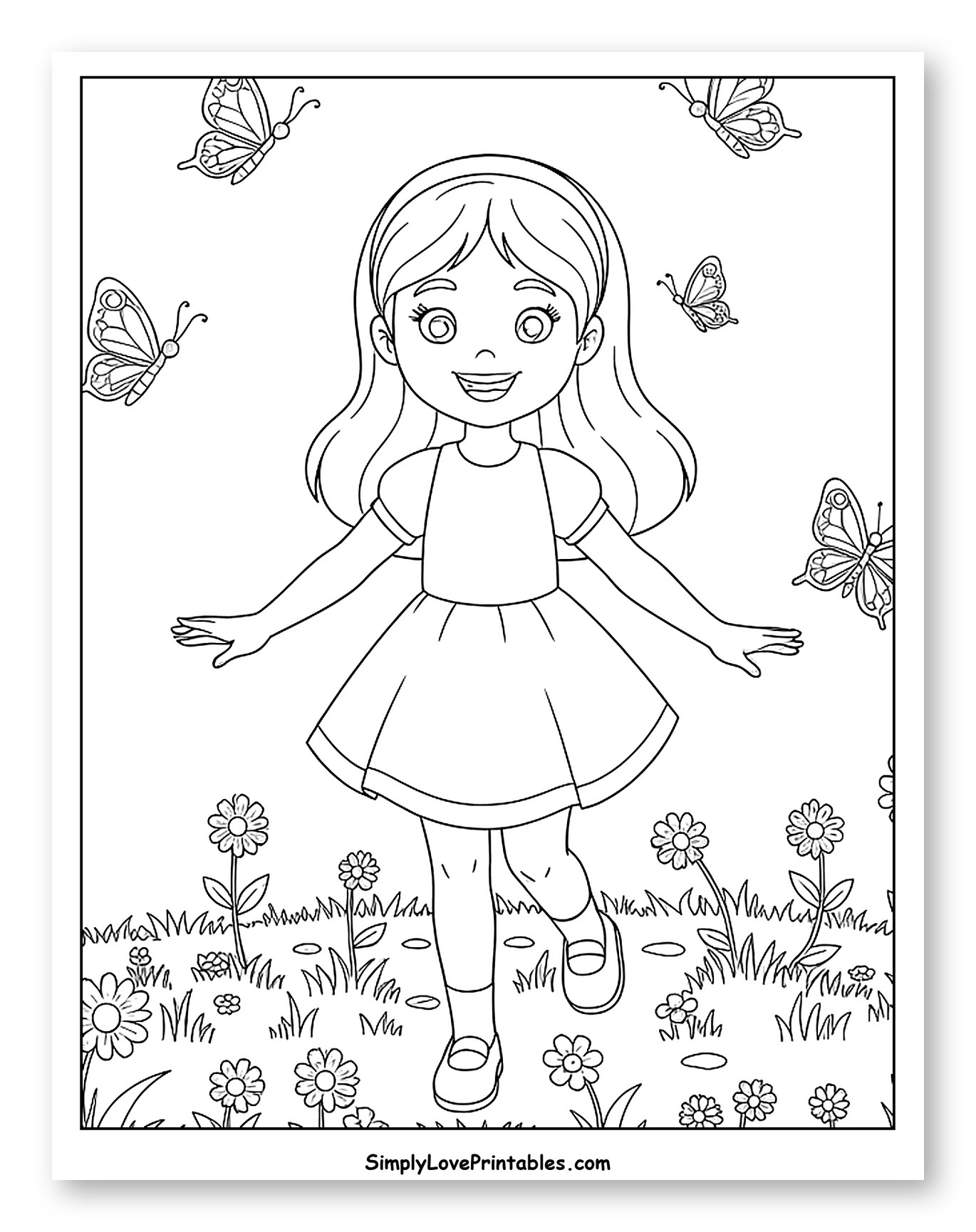 Happy Girl Walking in a Flowery Field with Butterflies