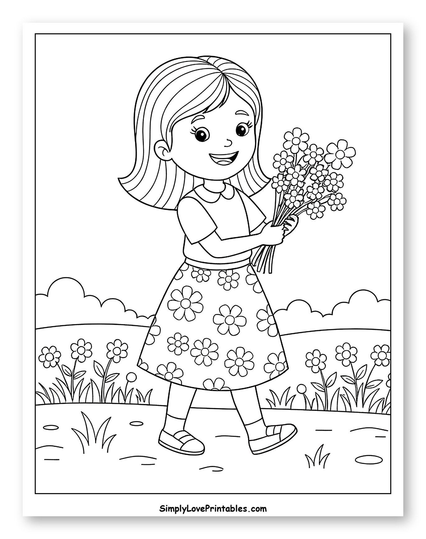 Happy Girl Walking with a Bouquet Coloring Page for Kids