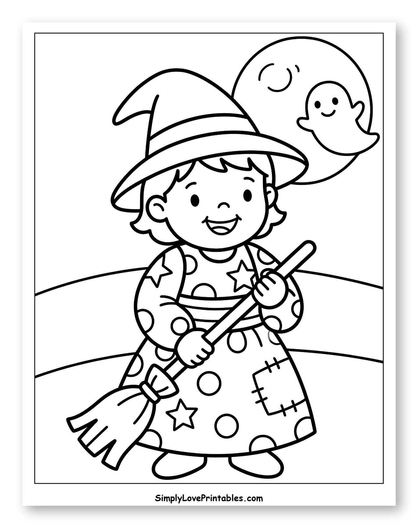 Happy Girl Witch with Broom and Ghost Moon to Color for Toddlers