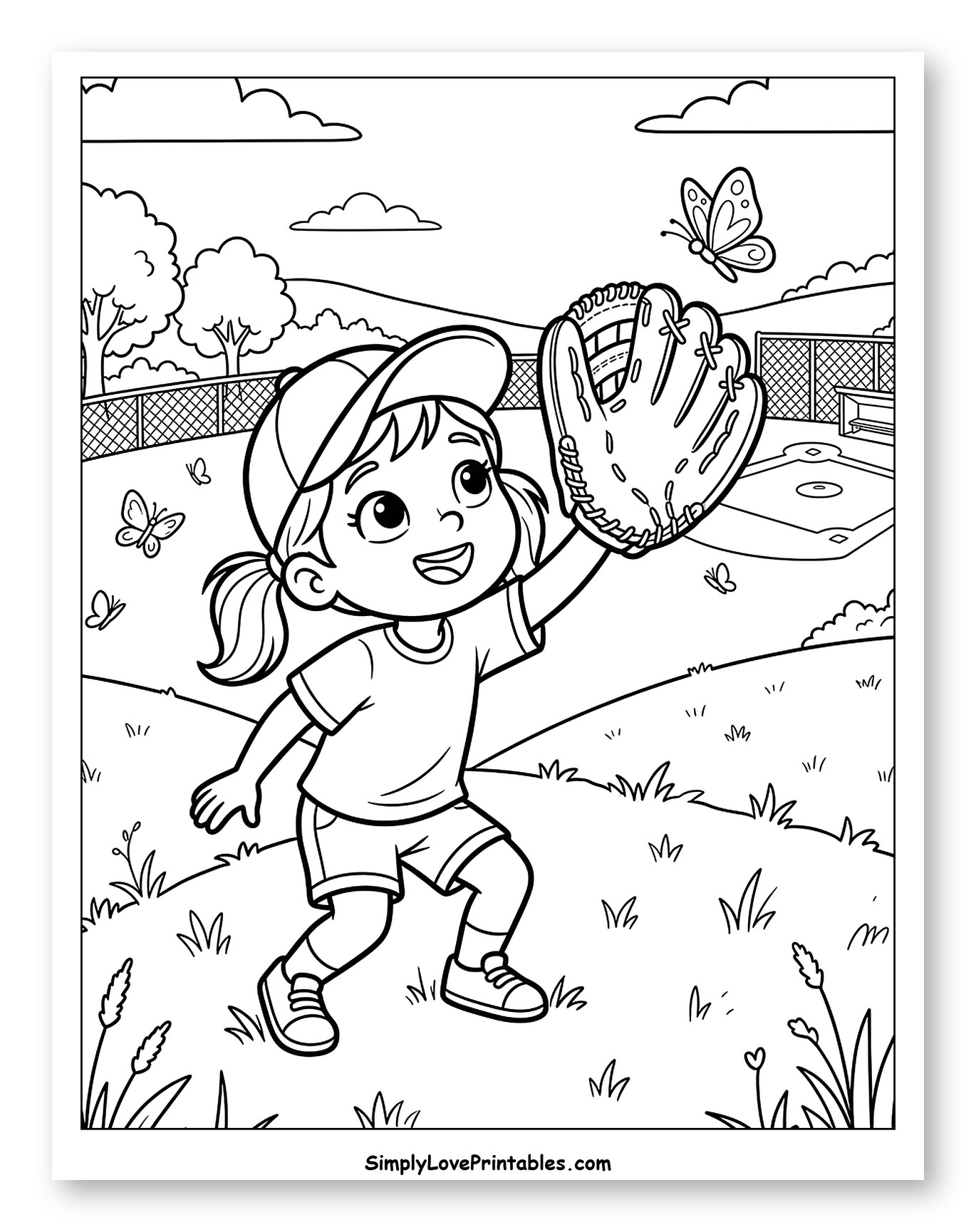 Happy Girl with Baseball Glove and Butterfly