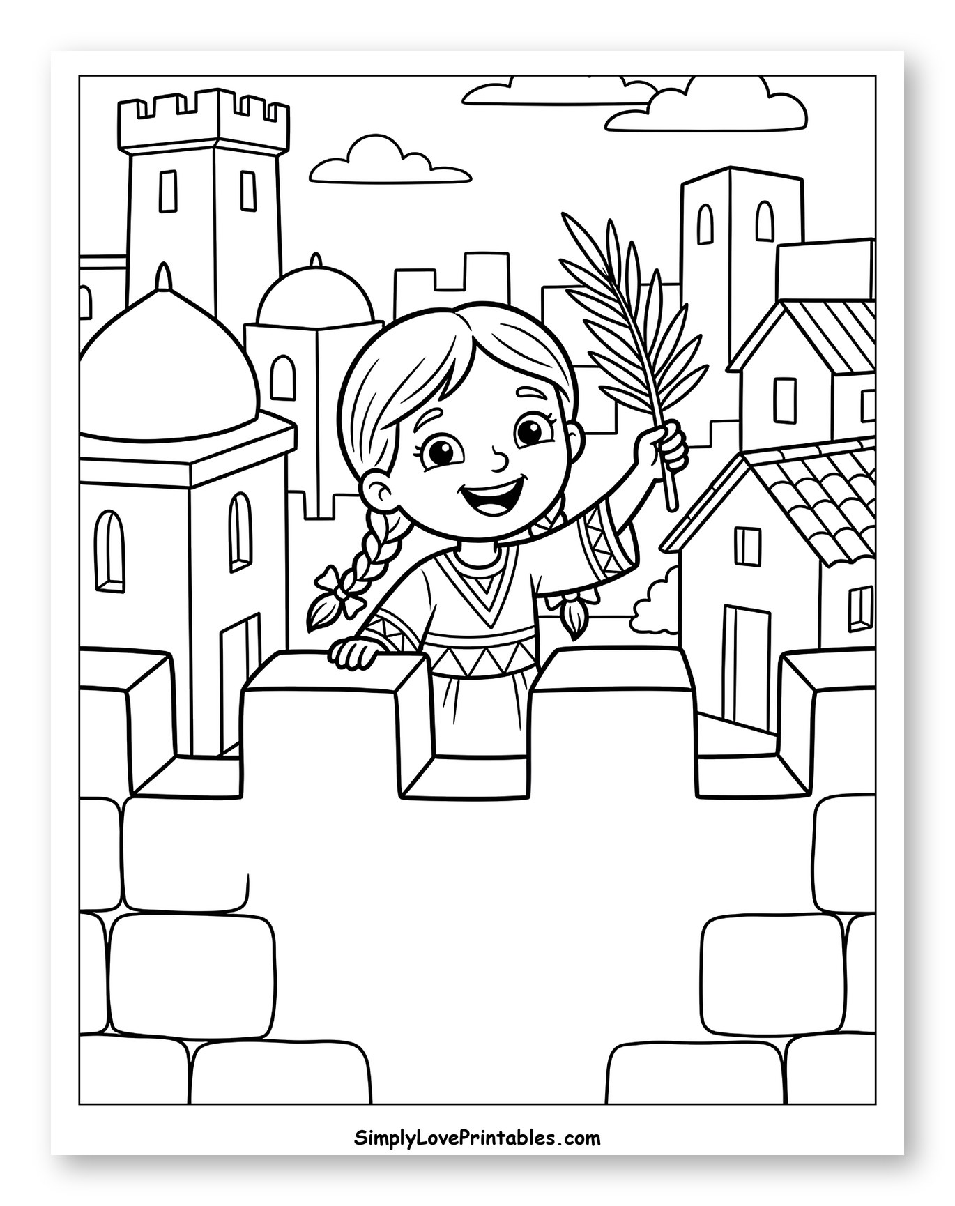 Happy Girl with Palm Branch in Ancient City