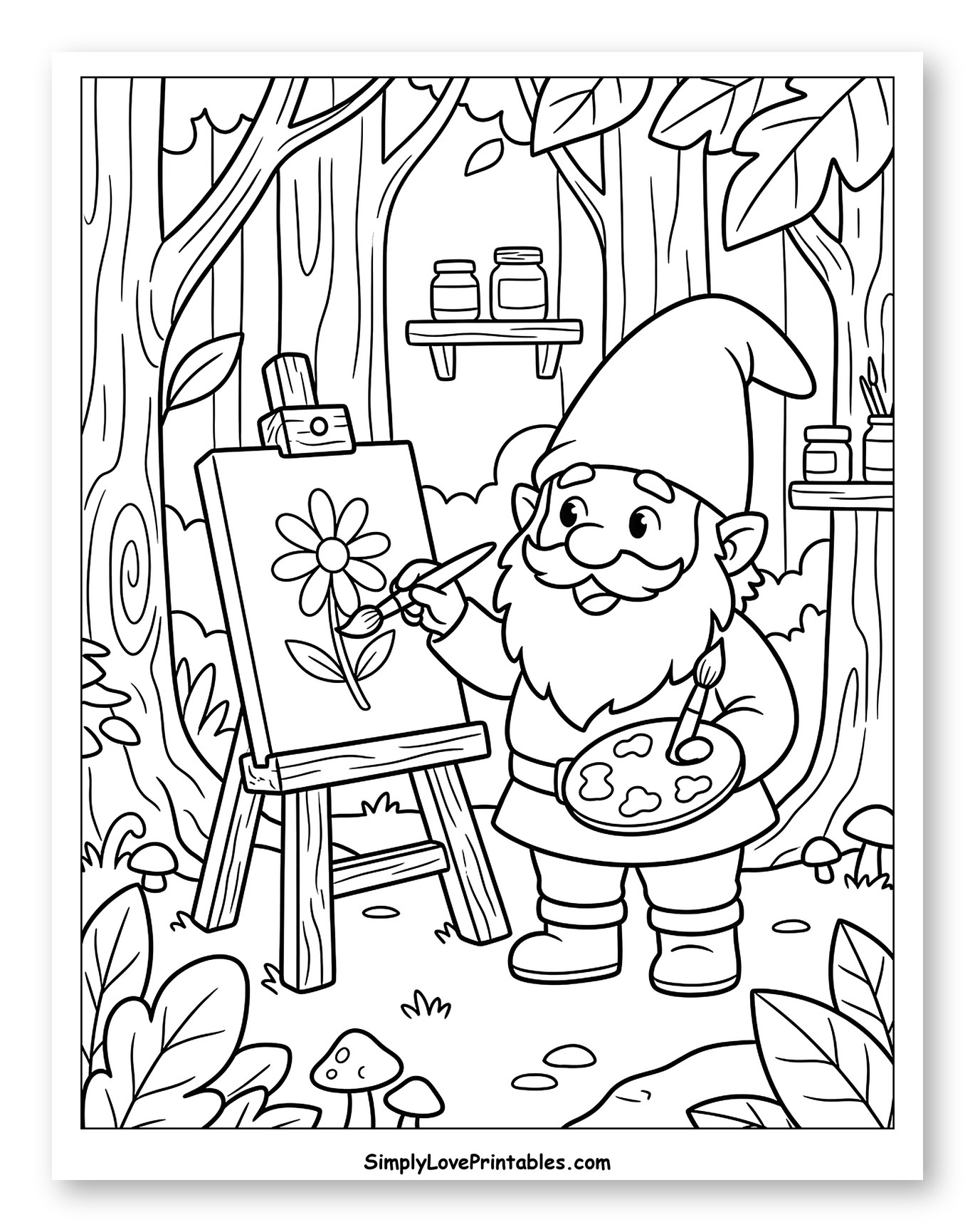 Happy Gnome Artist Painting Nature Scene Coloring Page for Kids